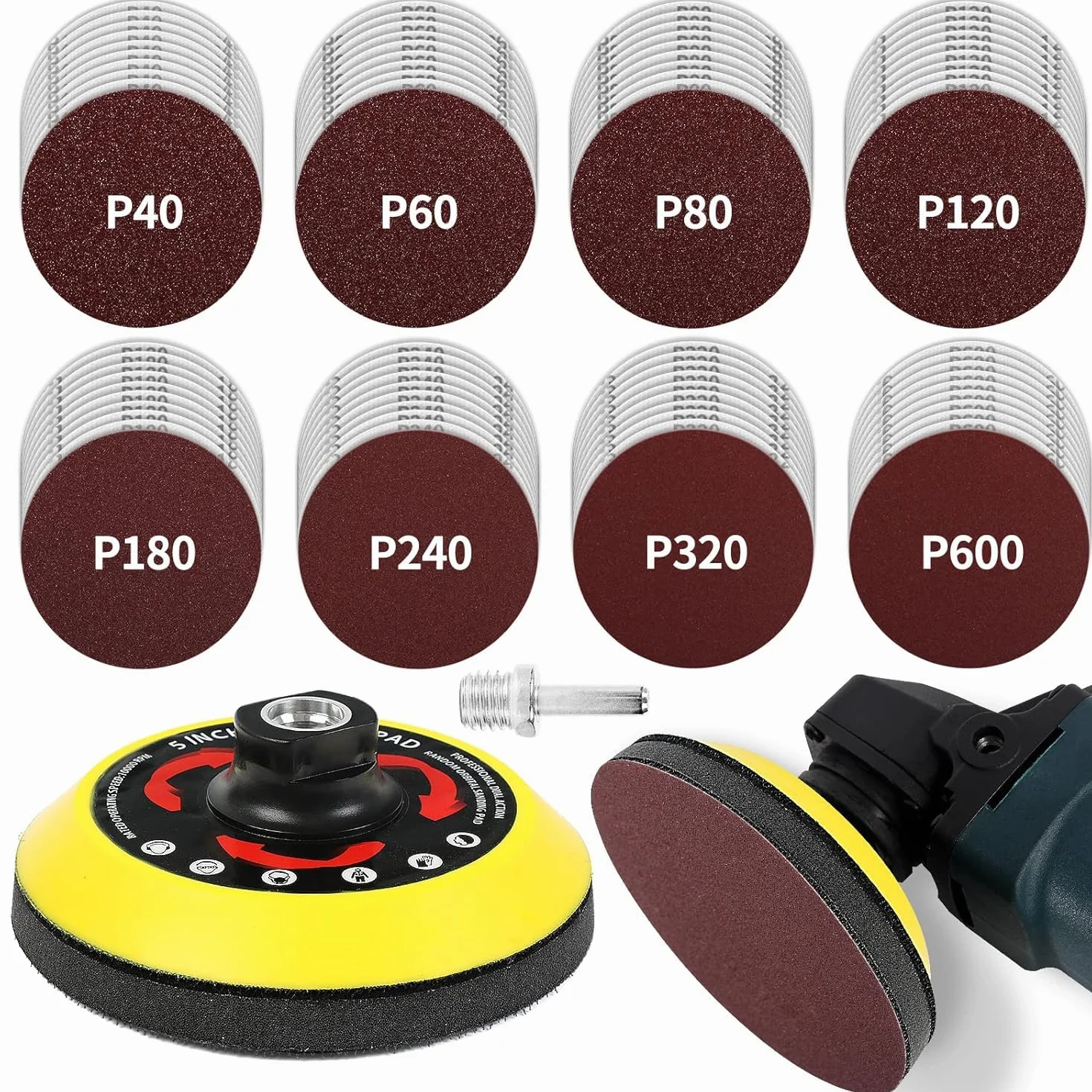 Pomsare Schleifscheiben-Set 125mm Klett für Winkelschleifer - 80 Stück Schleifpapier mit M14 Schleifteller und Schaft - Winkelschleifer Zubehör für Holz und Metall - Verbesserte Version
