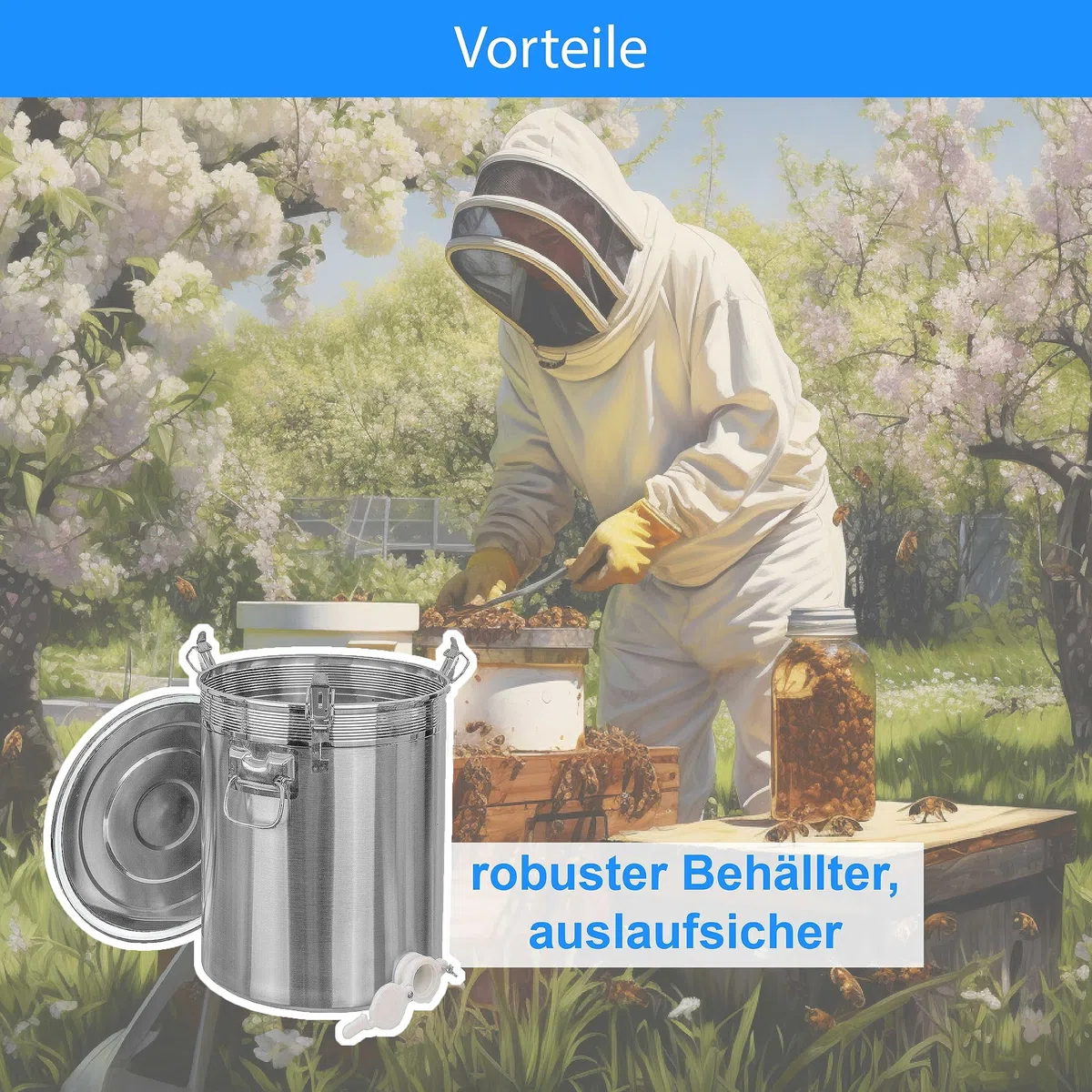 ONPIRA Edelstahl Honig Abfülleimer mit Quetschhahn Abfüllbehälter in 4 Varianten auswählbar (50kg, Kunststoff Quetschhahn)
