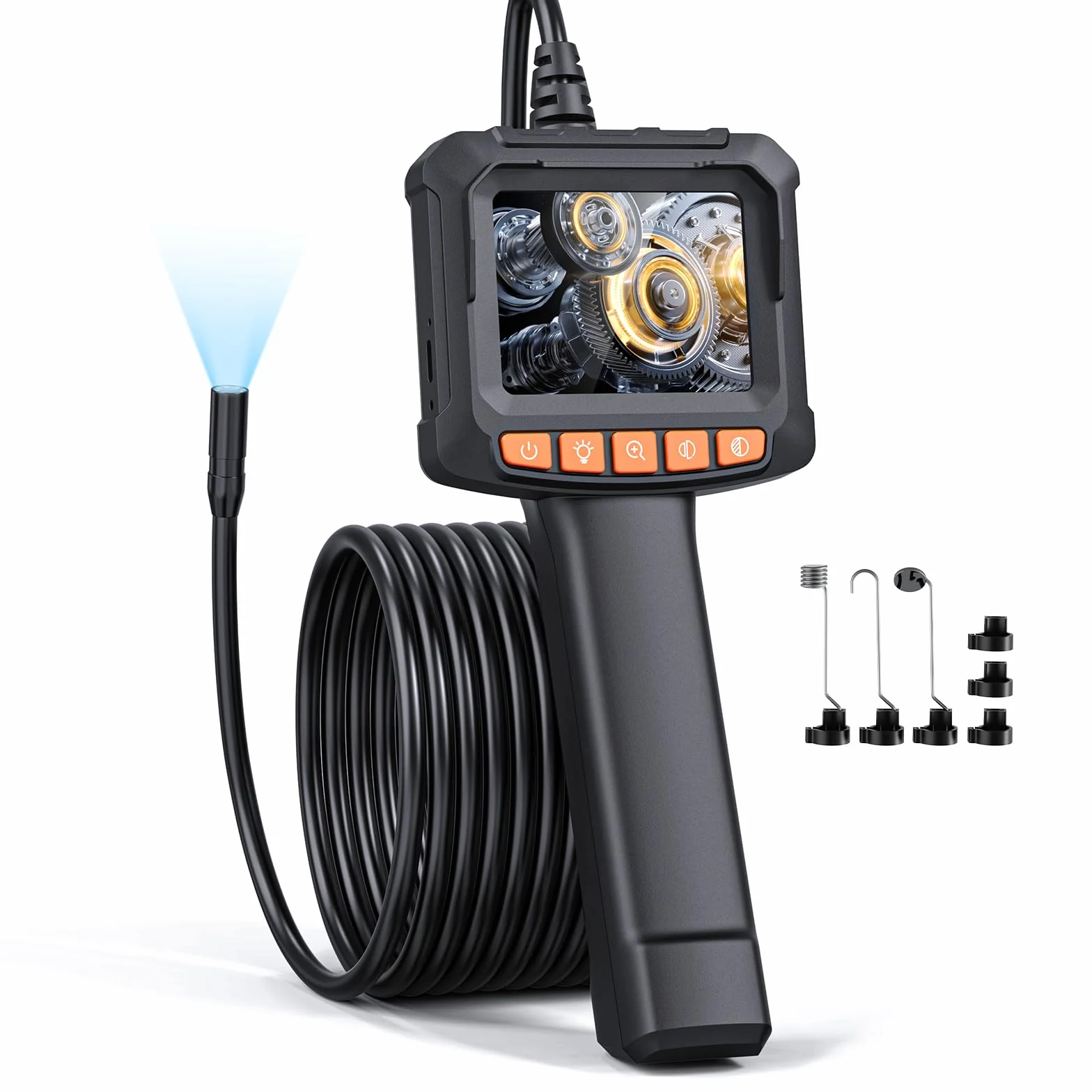 Endoskopkamera mit Licht, QIMIC Endoskop 1080P HD Rohrkamera Kanalkamera mit 8 LEDs, 2.4" IPS IP67 Bildschirm Inspektionskamera Livebild mit 2X Zoom Halbstarres Kabel 16.4FT, 2000mAh Akku