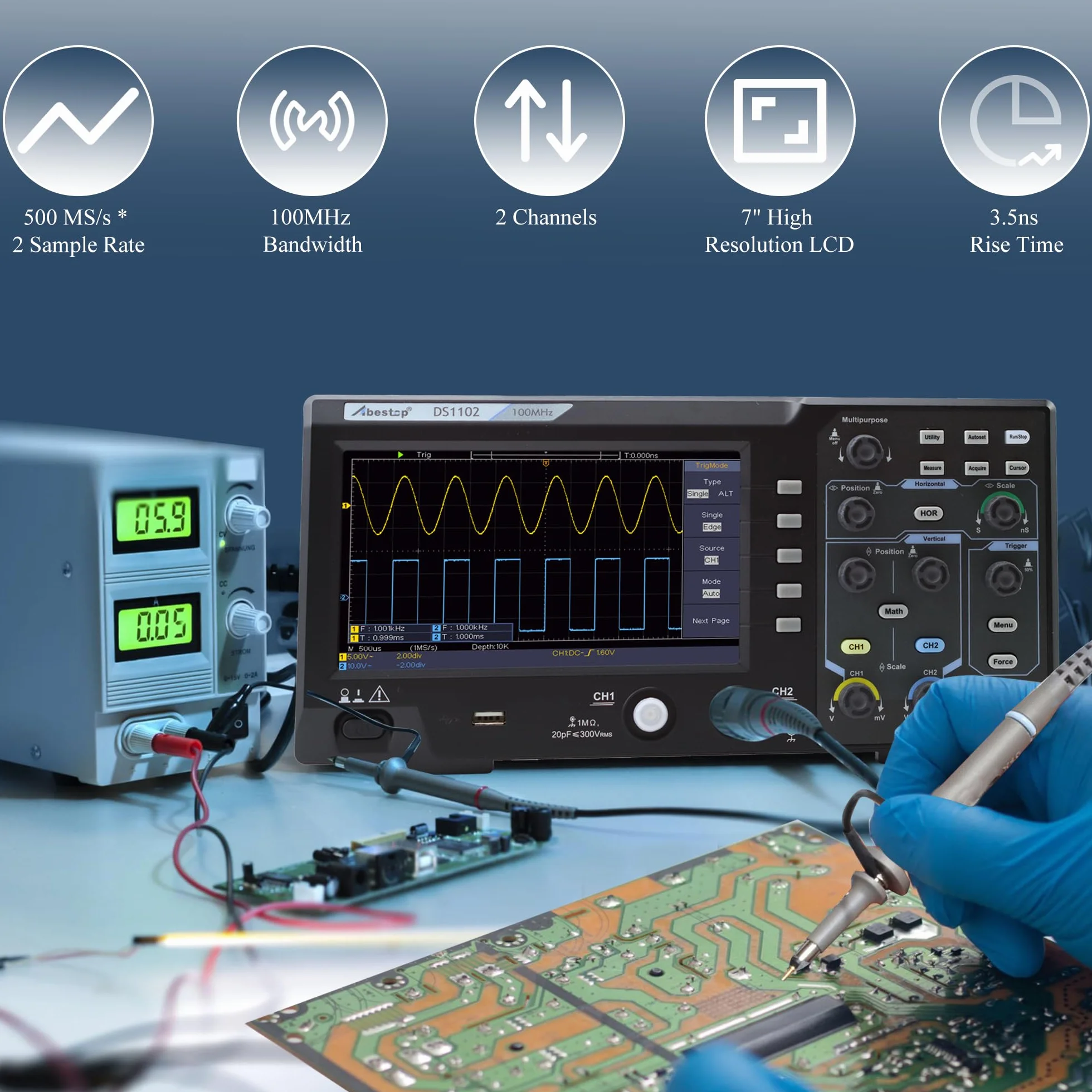100MHz Oszilloskop Desktop SpeicherOszillograph Zweikanalig mit 7" TFT-LCD-Anzeige Tragbares Leichtes Digitales Oszilloskop (DS1102)