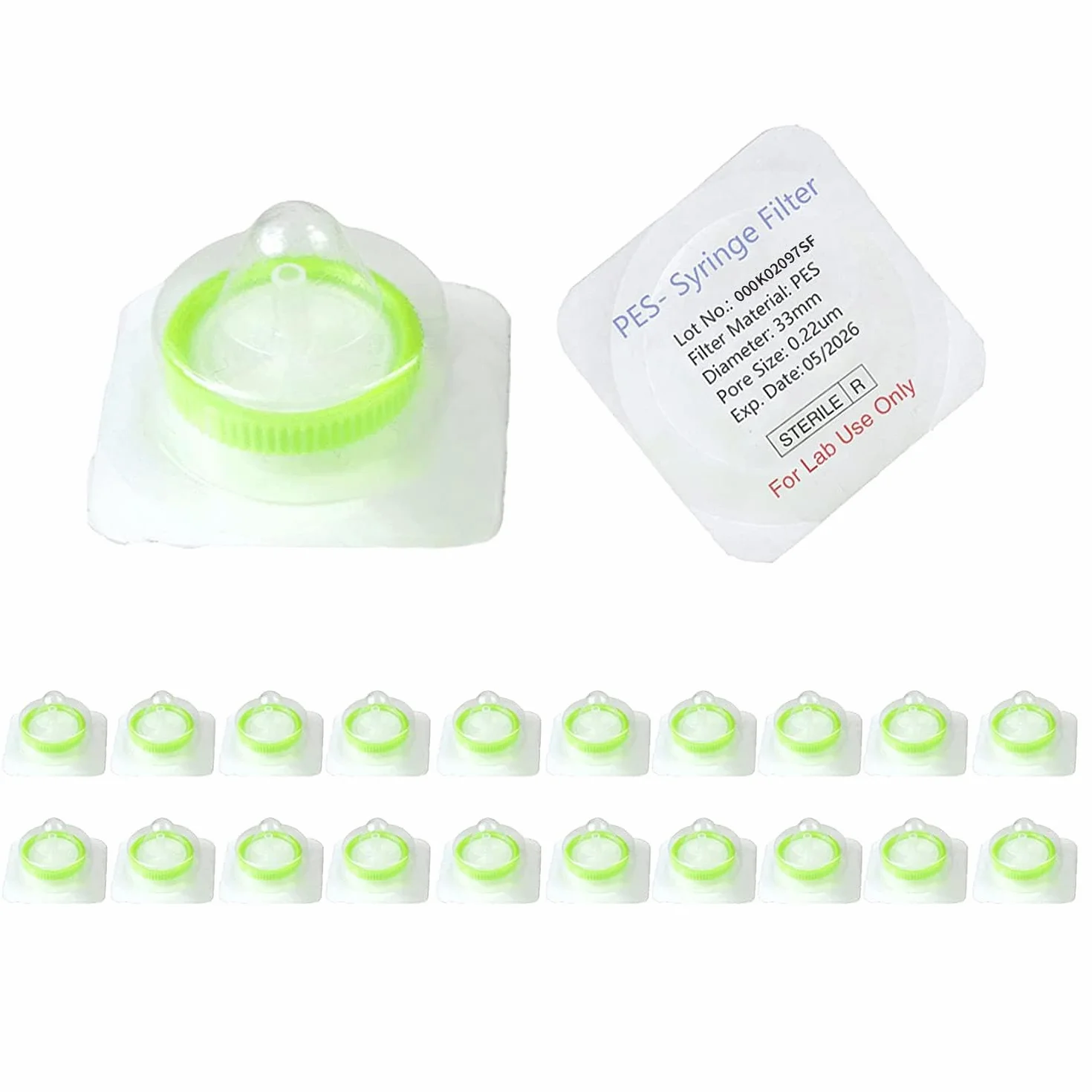20 Stücke Spritzenfilter Sterile PES-Membrane 33 mm Durchmesser 0.22 μm Porengröße, HPLC und GC Nadelfilter, Hochdurchsatz-Laborfiltration für Biomed Scientific