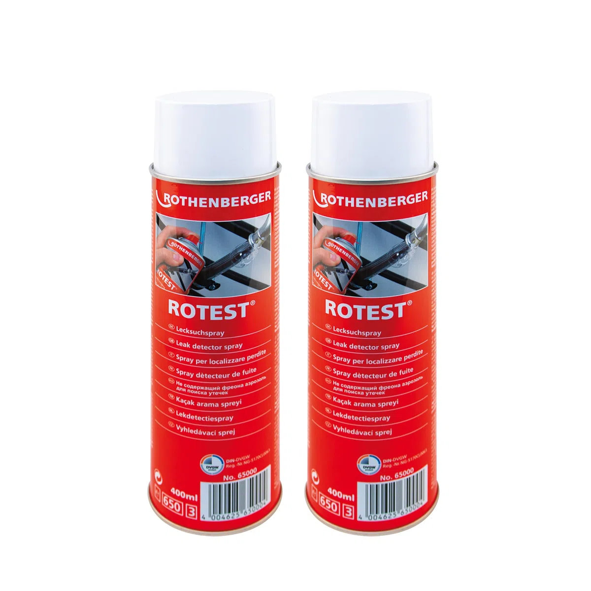 ROTHENBERGER Industrial 2 x RoTest Lecksuchspray 400 ml | Schnelles und sicheres Auffinden von Leckagen | Lecksucher | Auffinden von Undichtigkeiten an Gasleitungen & Druckleitungen