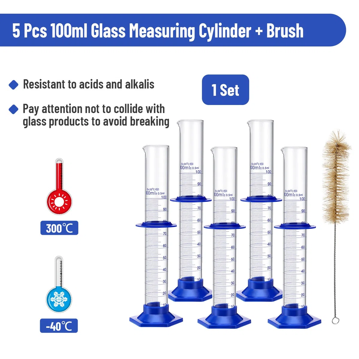 5 Pcs Messzylinder Glas 100ml Messzylinder Borosilikatglas Dickglas Laborzylinder mit einer Reinigungsbürste Laborglaswaren für Flüssigkeitsmessung