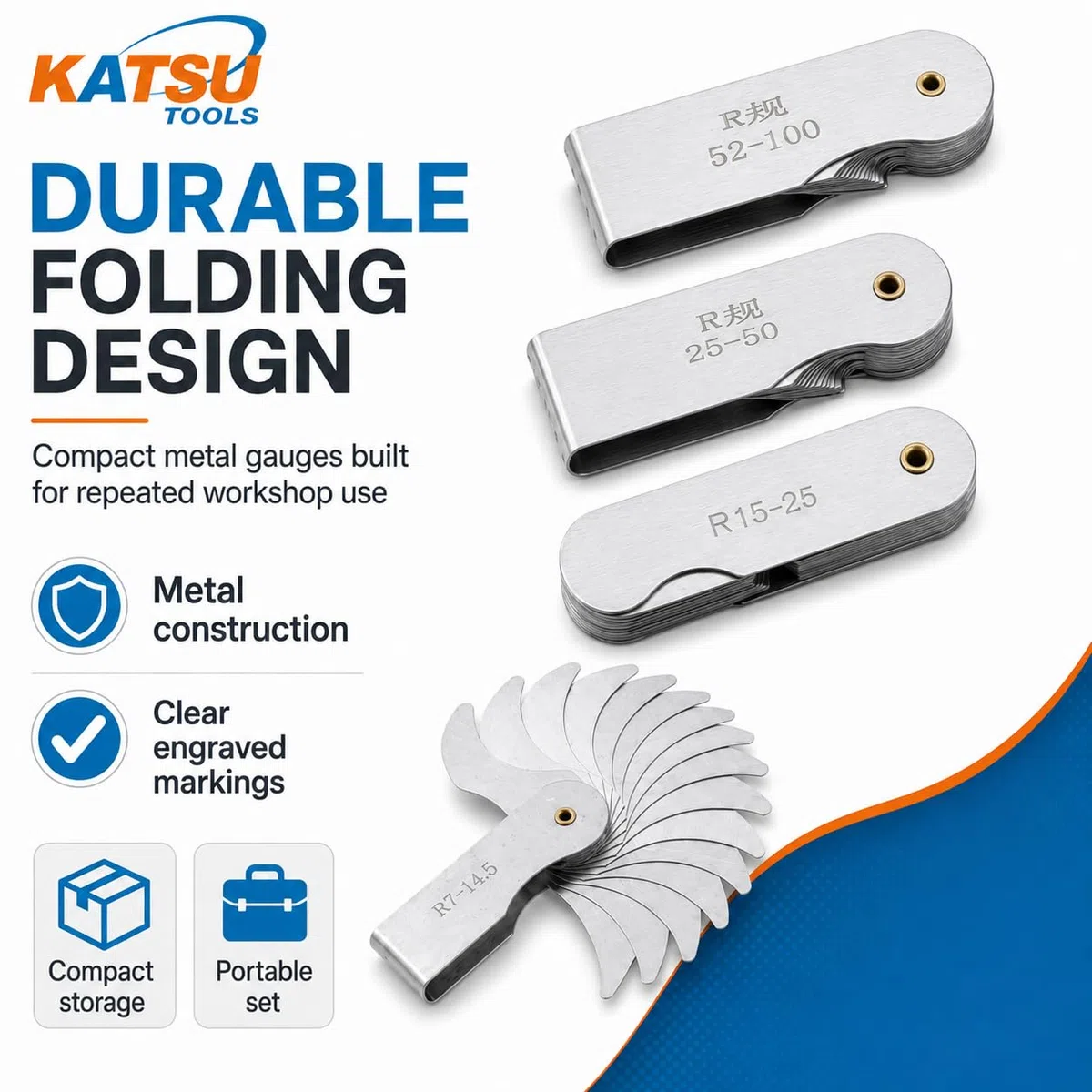 KATSU Radienlehre 6 Stück R0.3-1.5 / R1-6.5 / R7-14.5 / R15-25 / R25-50 / R52-100 Metall Radius Filetlehre Lehr Tragbares konkaves konvexes Messwerkzeug Ingenieure