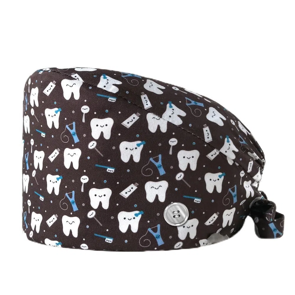 2 Stück Zähne Bedruckte Scrubs Mütze mit Knöpfen Verstellbare Baumwoll Scrub Cap Bouffant Mütze Frauen Scrubs Hüte Unisex Stillkopfbedeckung