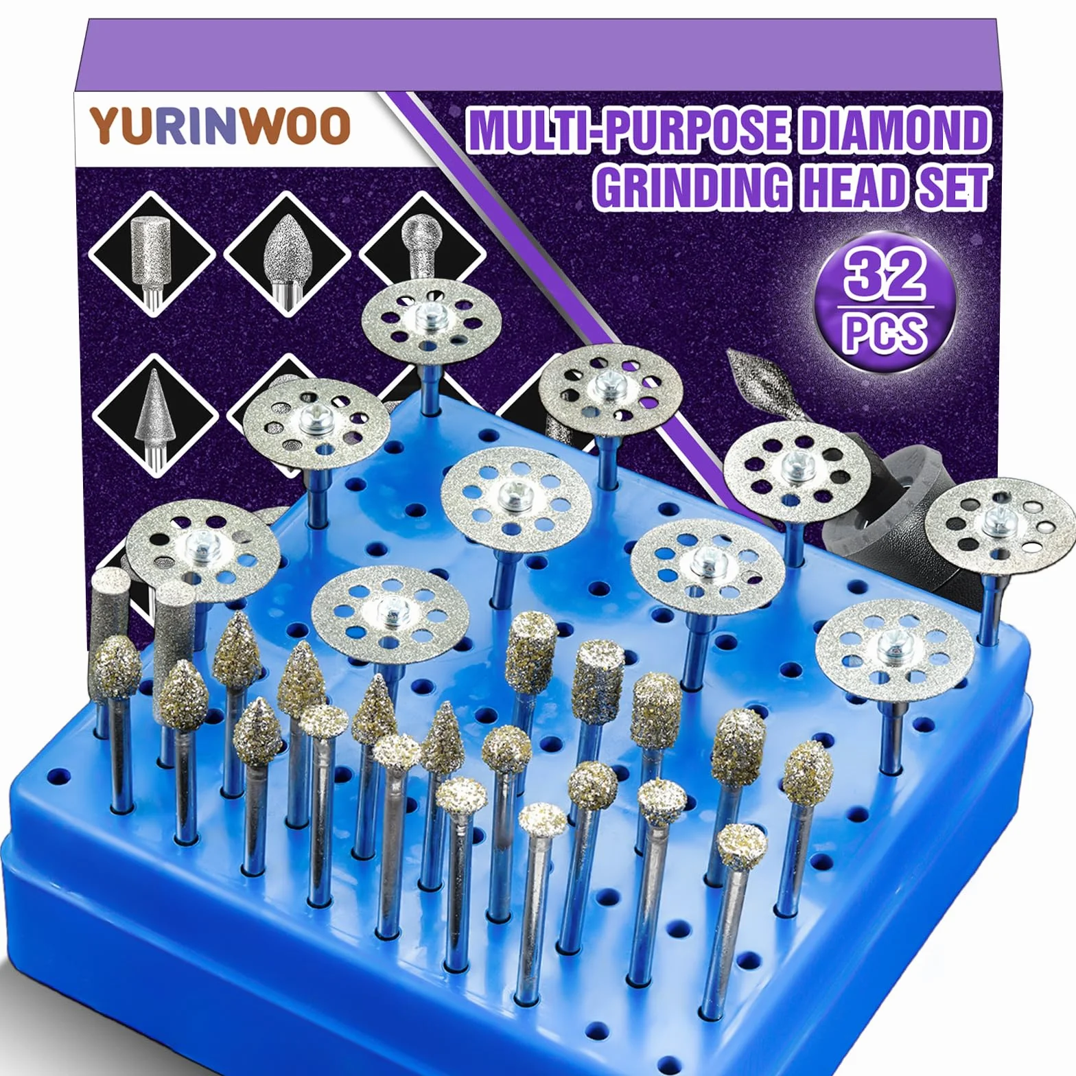 32 Stück Diamant Fräser Set 60 Körnung, Rotary Tool Zubehör mit Diamanttrennscheibe und 1/8"(3mm) Schaft Passform für Stein Glas Keramik Schnitzen, Schleifen, Polieren, Gravieren, Schneiden