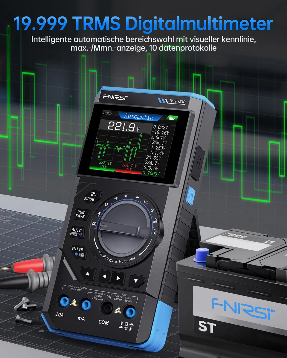 FNIRSI DST-210 Handoszilloskop, 10MHz Bandbreite, 19999 Zählimpulse, Digitales Oszilloskop,Multimeter, DDS-Generator 3-in-1, 48MS/s Abtastrate, AC/DC-Spannungsstrom, Kondensator, Widerstand, Diode