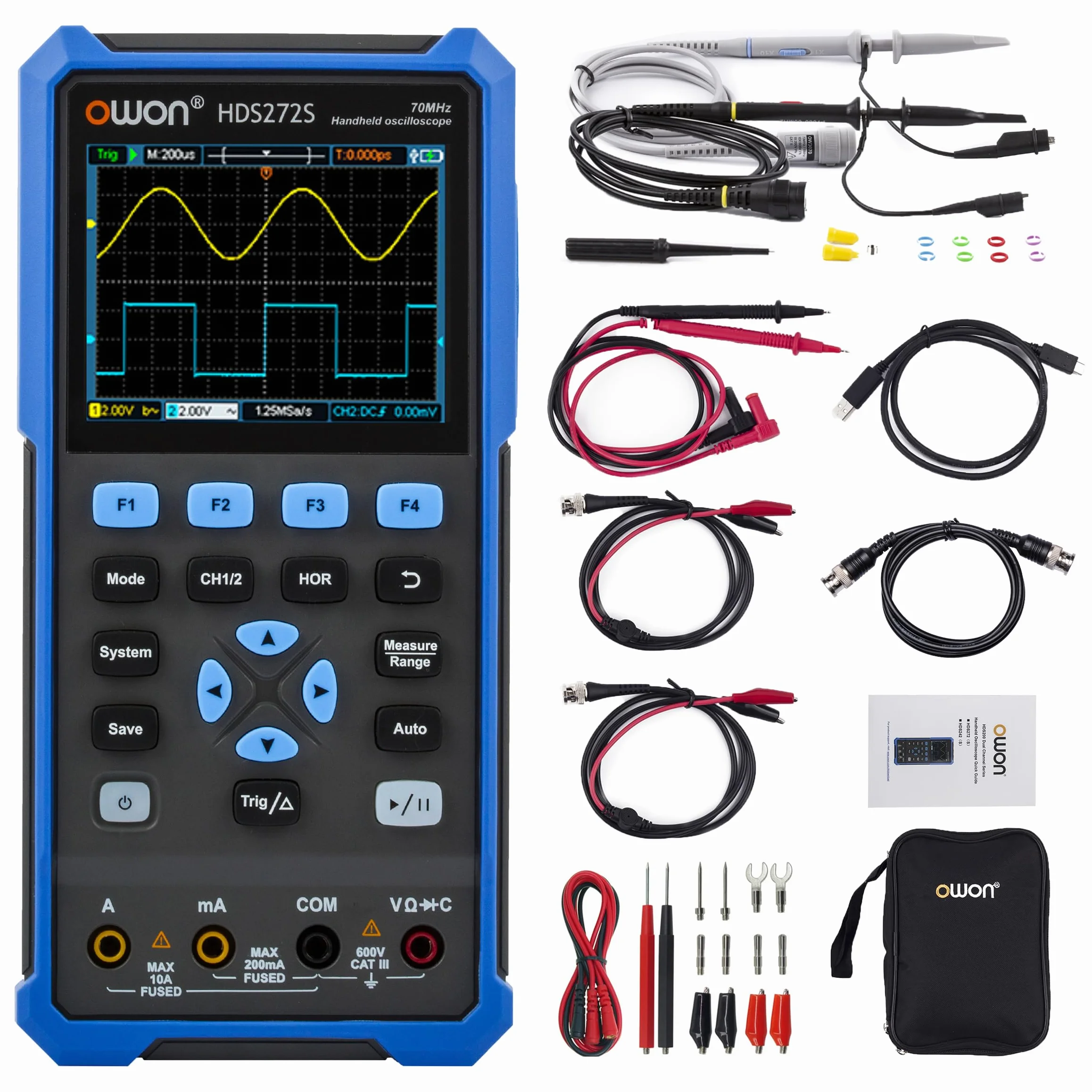HDS272S 3 in 1 OWON Oszilloskop 70MHz mit 2+1 CH mit 3,5 Zoll LCD mit einstellbarer Helligkeit (Oszilloskop + Multimeter+ Generator)