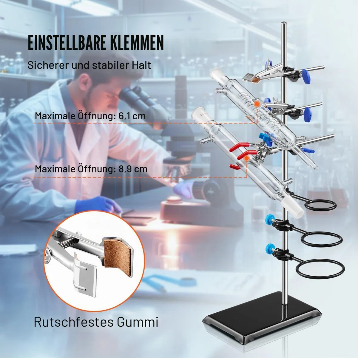 VEVOR Laborständer-Unterstützung, Labor-Retorten-Stützständer 1 Satz, Laborständer aus Stahl mit 60 cm Stab & 210,82 x 135 mm Gusseisenbasis, inkl. Kolbenklemmen, Bürettenklemmen und Kreuzklemmen