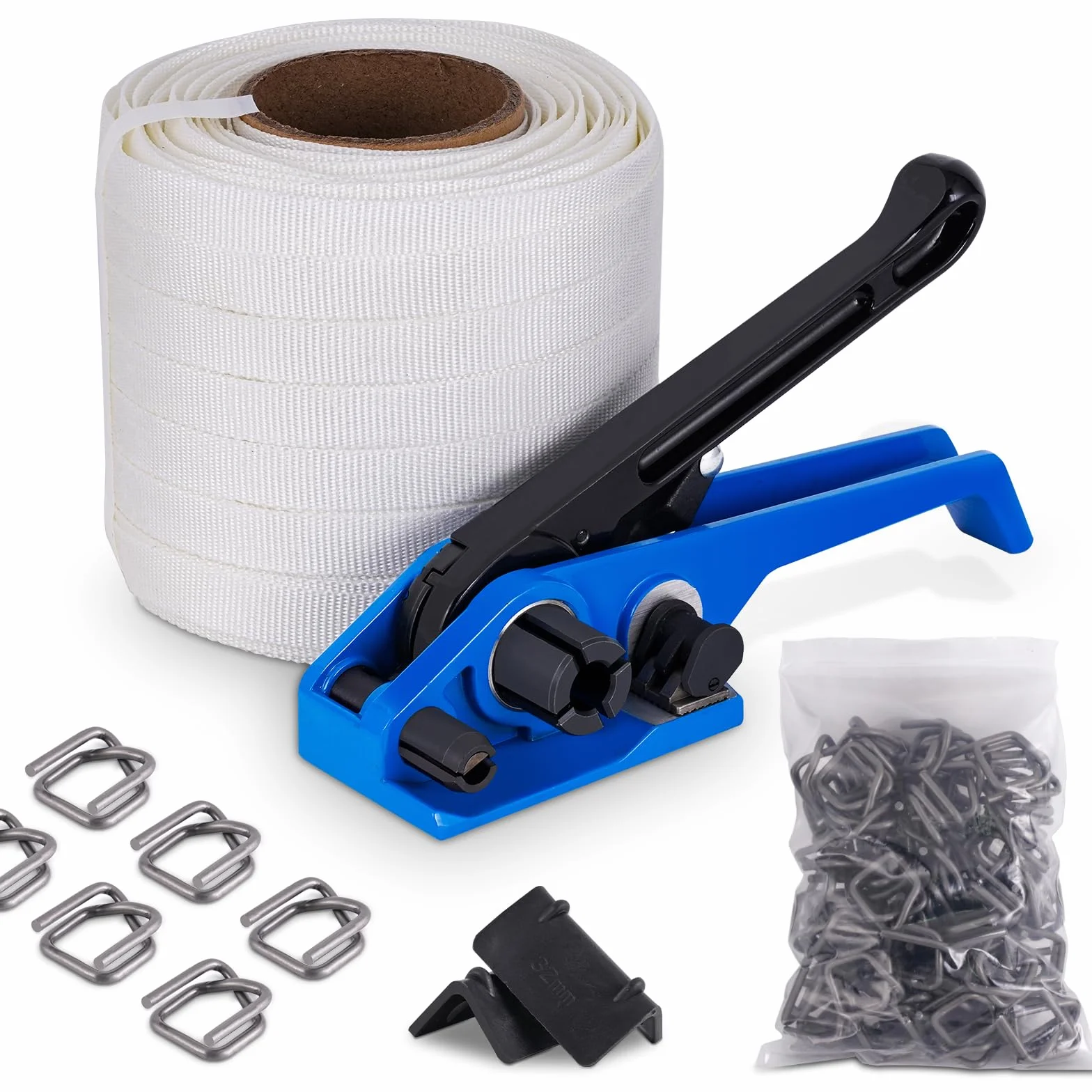 BAOSHISHAN Umreifungsset mit 19mm Textilband gewebt für Palettenverpackung (2-in-1 Spanner, 100m Textil Umreifungsband, 100 Phosphatknopf, 20 Verpackungsecke)
