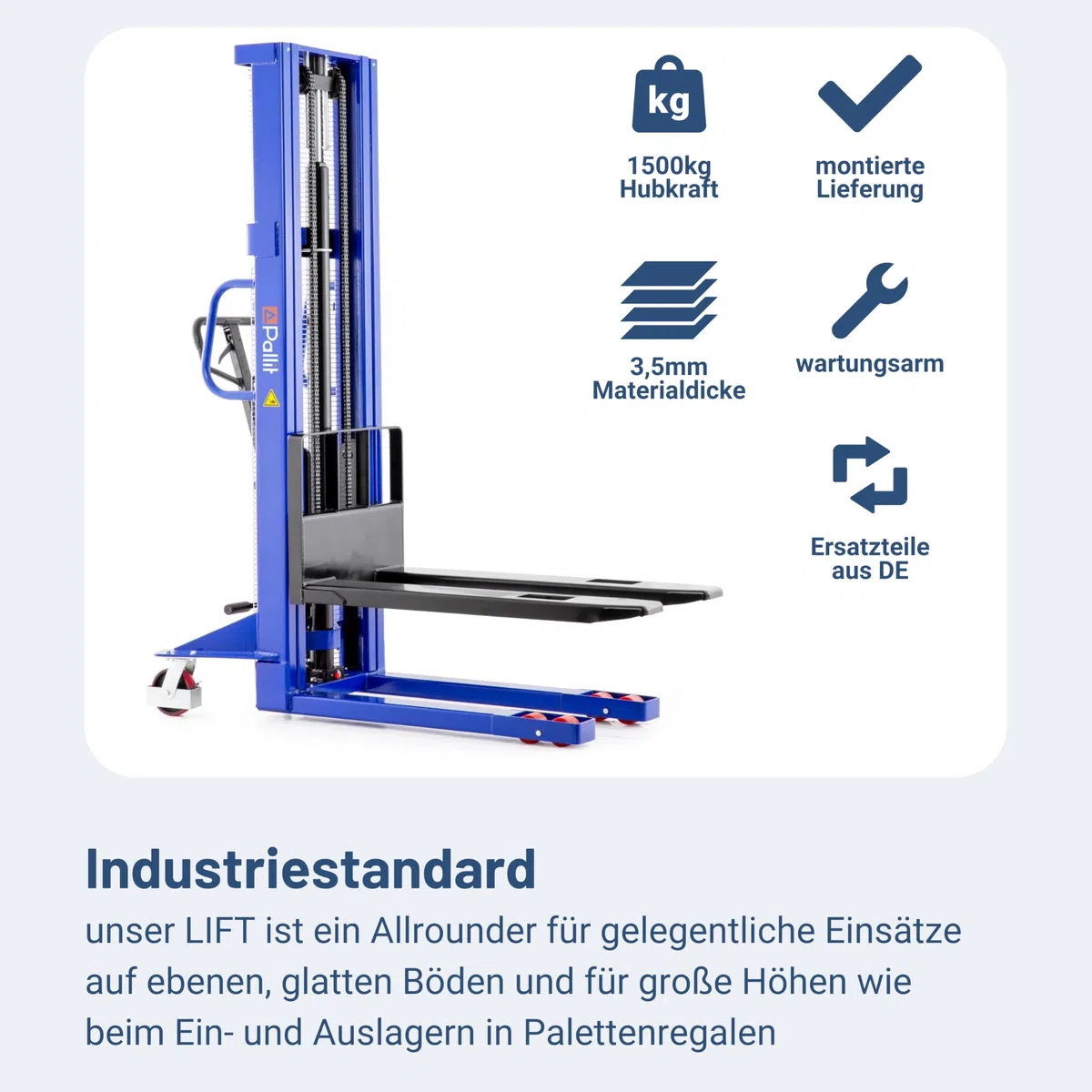 Pallit Hochhubwagen manuell 1200mm Hubhöhe 1500kg Tragkraft Lift-S PU Rollen Flexibler & Wendiger Manueller Handstapler Hubwagen Hydraulik-Stapler schnellhub