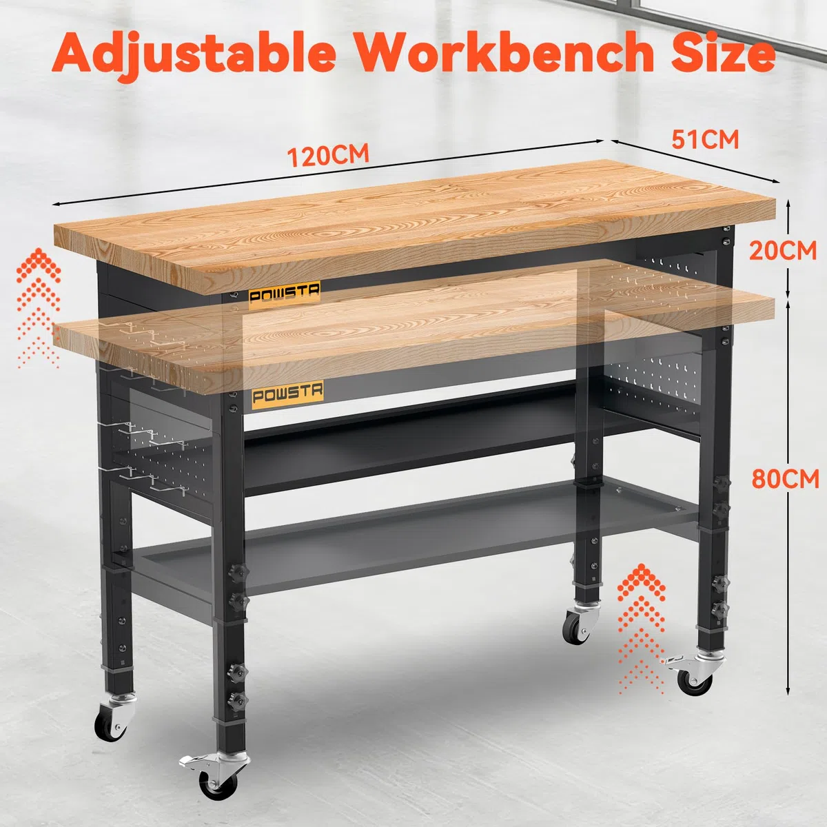 120cm Höhenverstellbare mobile Werkbank aus Gummibaumholz, 900 kg Tragfähigkeit, zweistufig mit schwenkbaren Rollen, Lochwand und 6 Haken, als Arbeitstisch für Garage, Werkstatt, Büro, Haus & Gewerbe