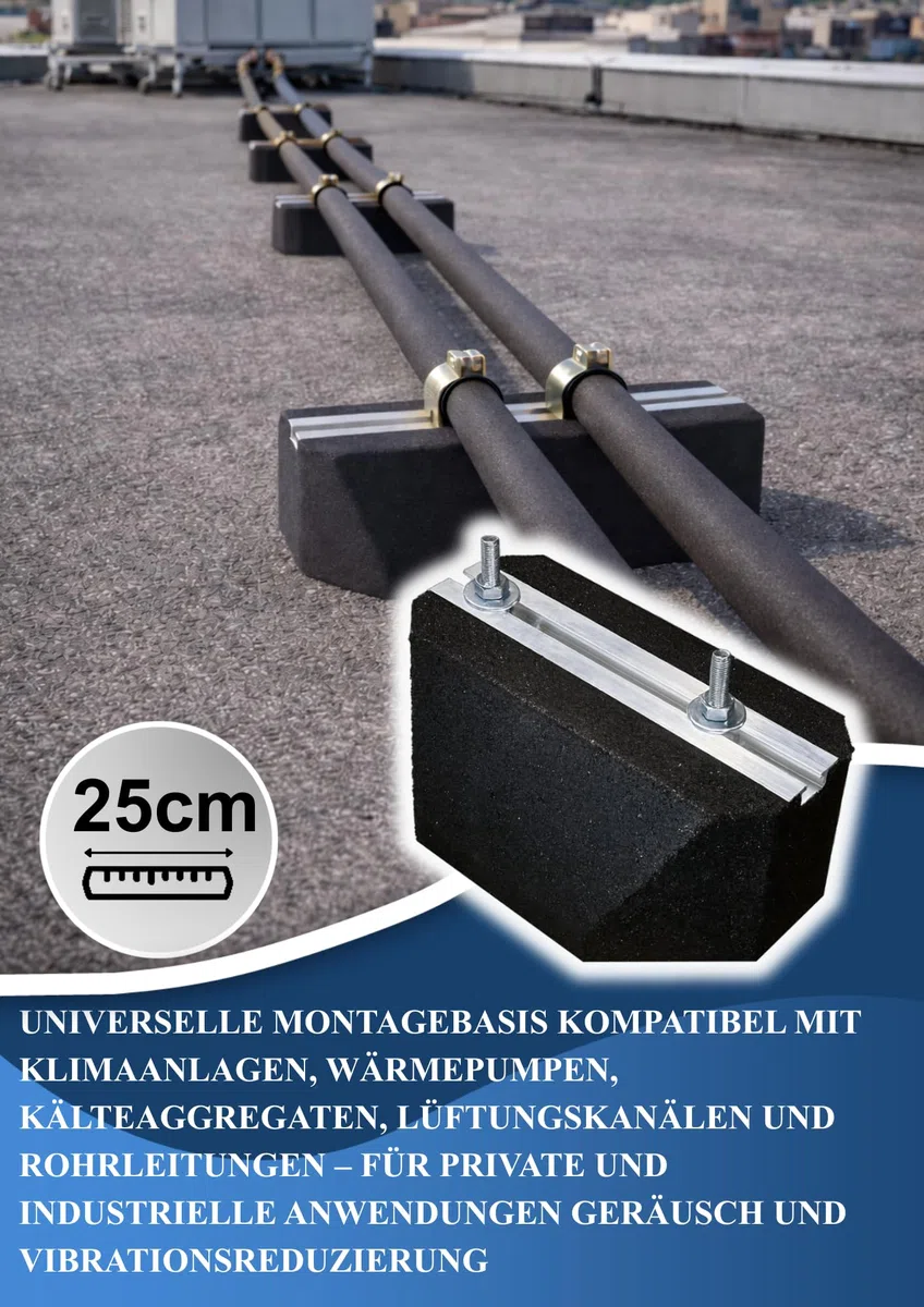 Black panda - Gummiblock 25 cm mit Befestigung – Anti-Vibrations Sockel für Klimaanlage, Wärmepumpe, Kälte- und Lüftungstechnik - Traglast bis 150 kg, UV- & witterungsbeständig