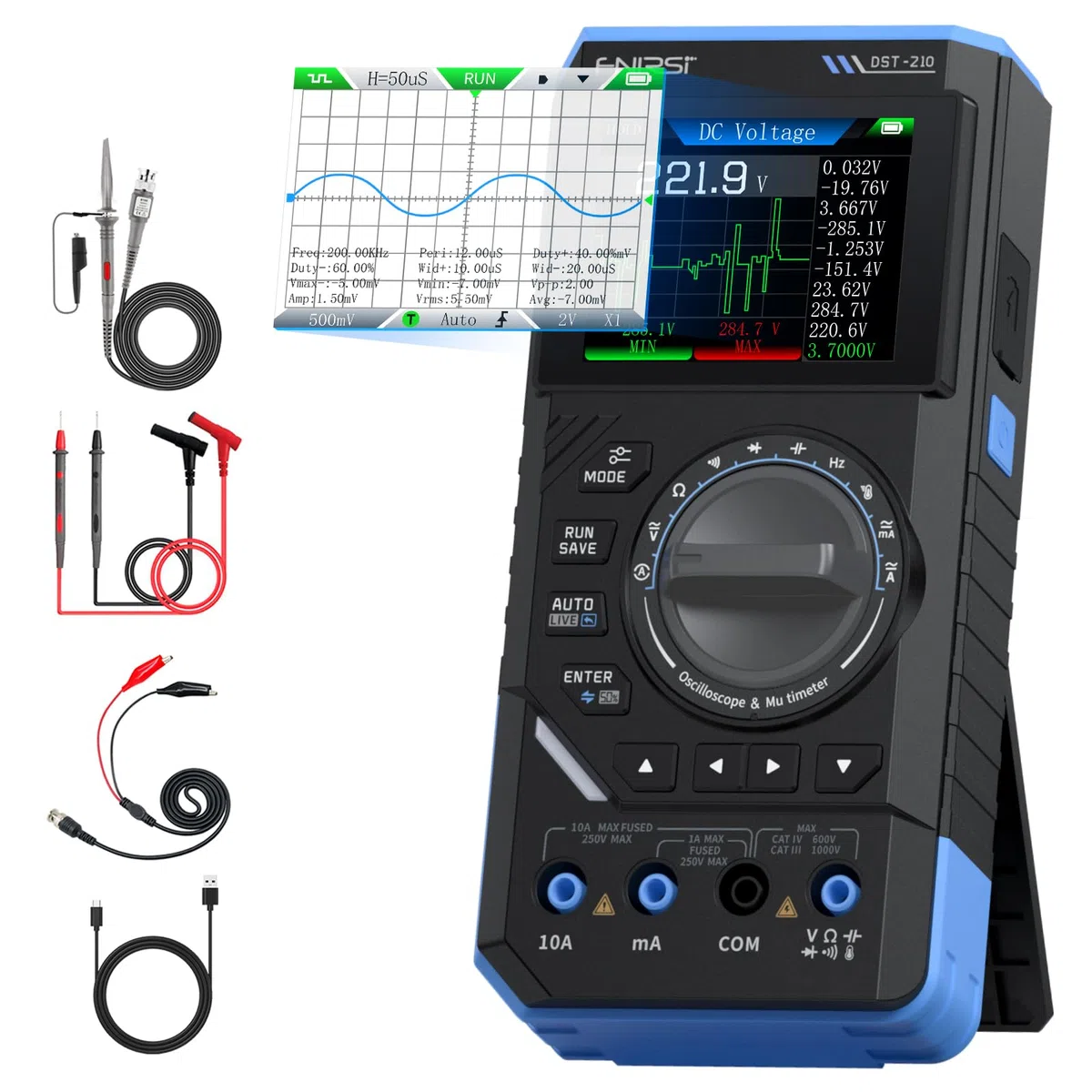 FNIRSI DST-210 Handoszilloskop, 10MHz Bandbreite, 19999 Zählimpulse, Digitales Oszilloskop,Multimeter, DDS-Generator 3-in-1, 48MS/s Abtastrate, AC/DC-Spannungsstrom, Kondensator, Widerstand, Diode