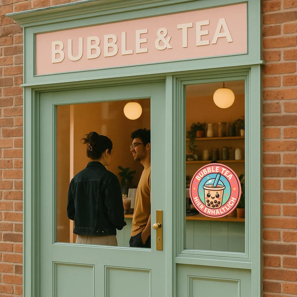 "Bubble Tea" Boba Tea Perlentee Tapioca zum Mitnehmen Digitaldruck Aufkleber Folie Sticker für Schaufenster, Tür, etc. Hinweis Folie | rund | wasserfest DAF-128 (35 x 35 cm)