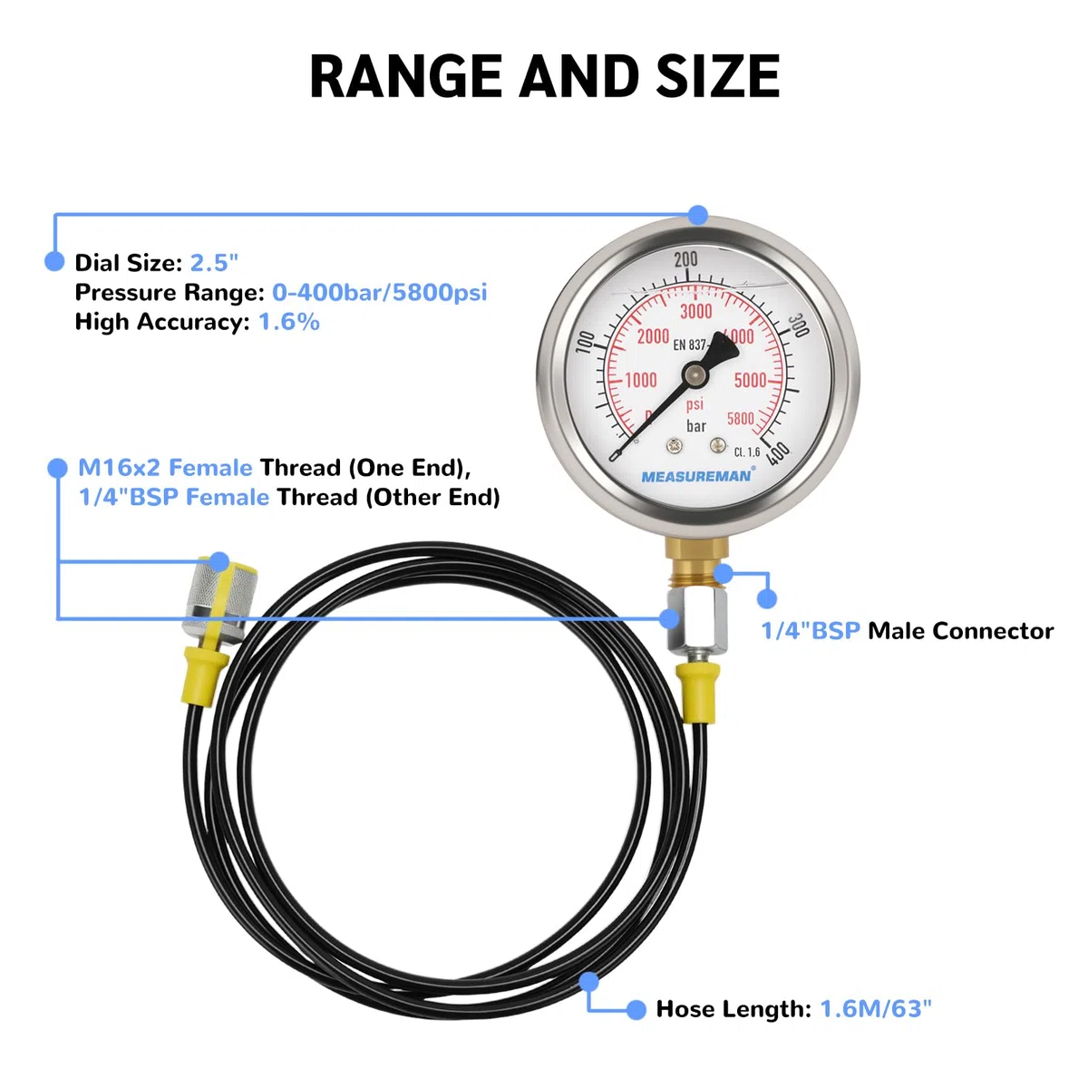 Hydraulisches Manometer Set, 0-400 bar, M16x2, G1/4, 1,6M Druckschlauch