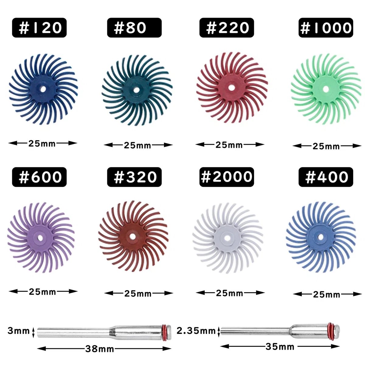 25mm radiale borstenscheiben-set 50 stücke 8 gemischte körnung 80/120/220/320/400/600/1000 /2000radialborsten schleifbürste lücke polierpad polierscheiben sortiment kit