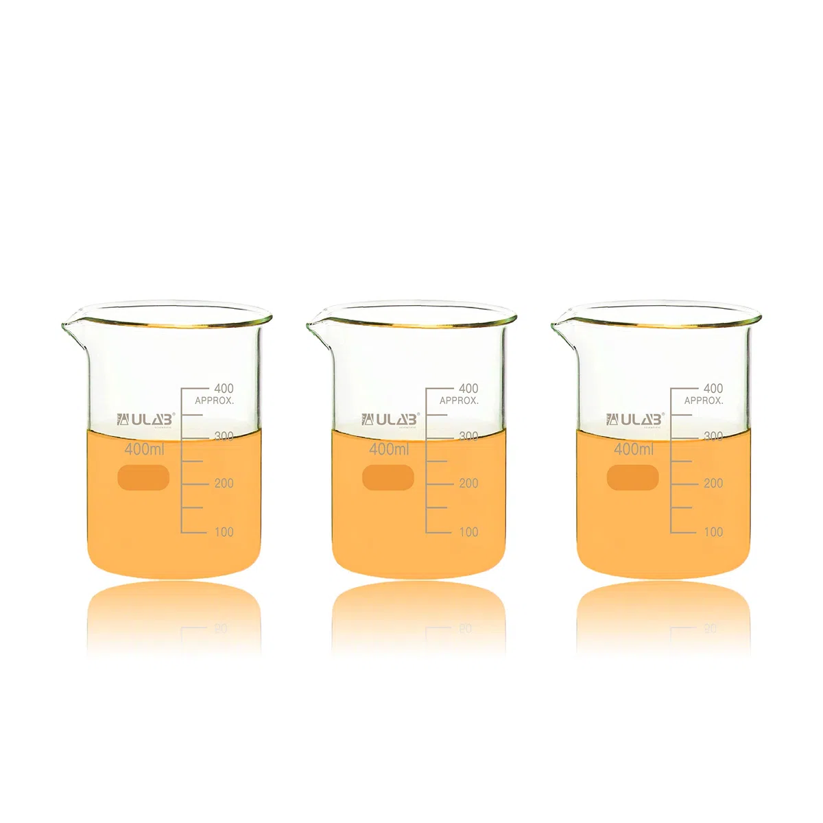 ULAB Scientific UBG1035 Becher aus Borosilikat, 400 ml, 3,3, niedrige Form mit aufgedruckter Graduierung, 3 Stück