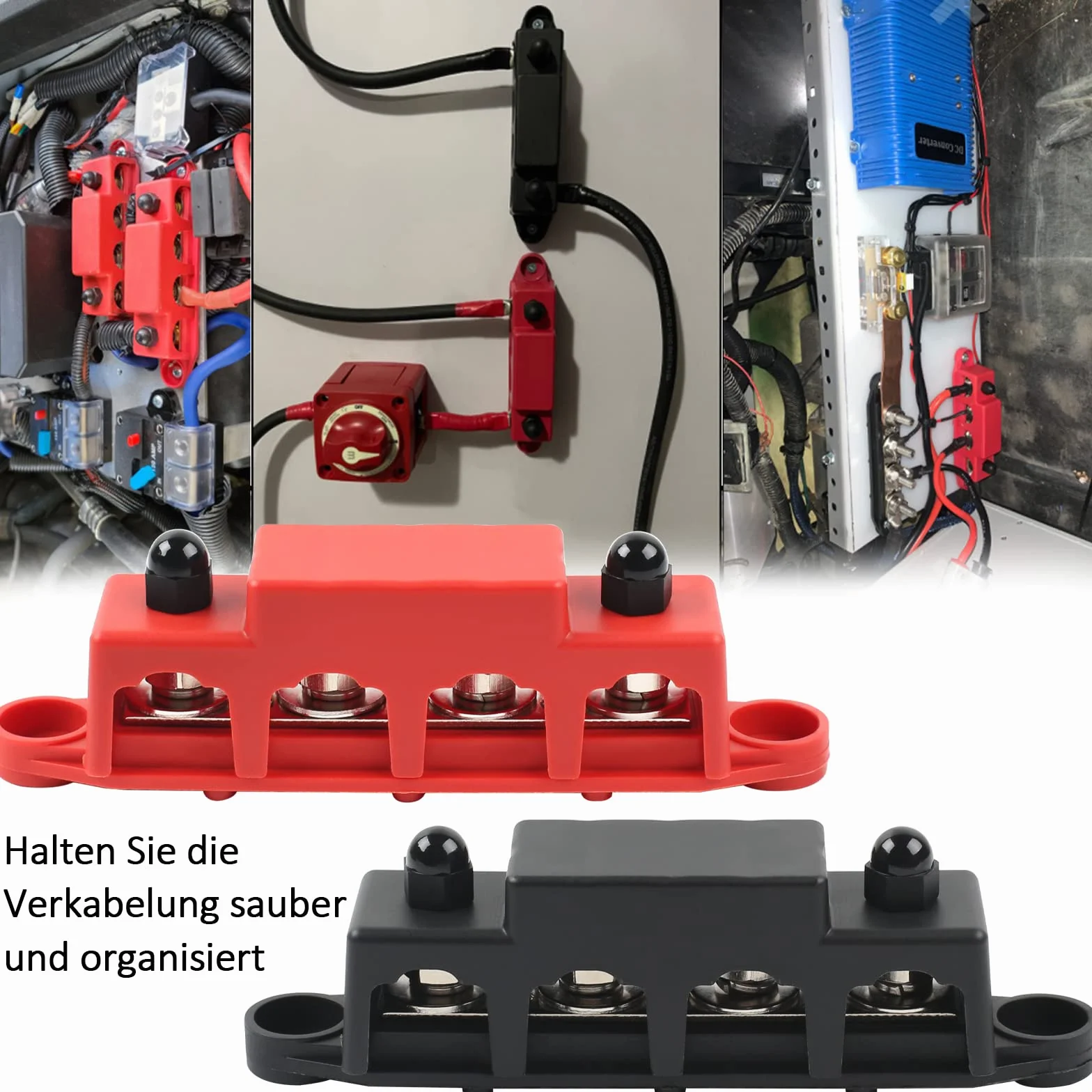 12V-48V DC Sammelschienen Verteilerblock 250A BusBar Box mit 4 x M10 Klemmenbolzen Hochleistungsmodul, Stromverteilungsblock Erdungsstrom für Auto RV Boat Yacht (Rot Schwarz, 2PCS)