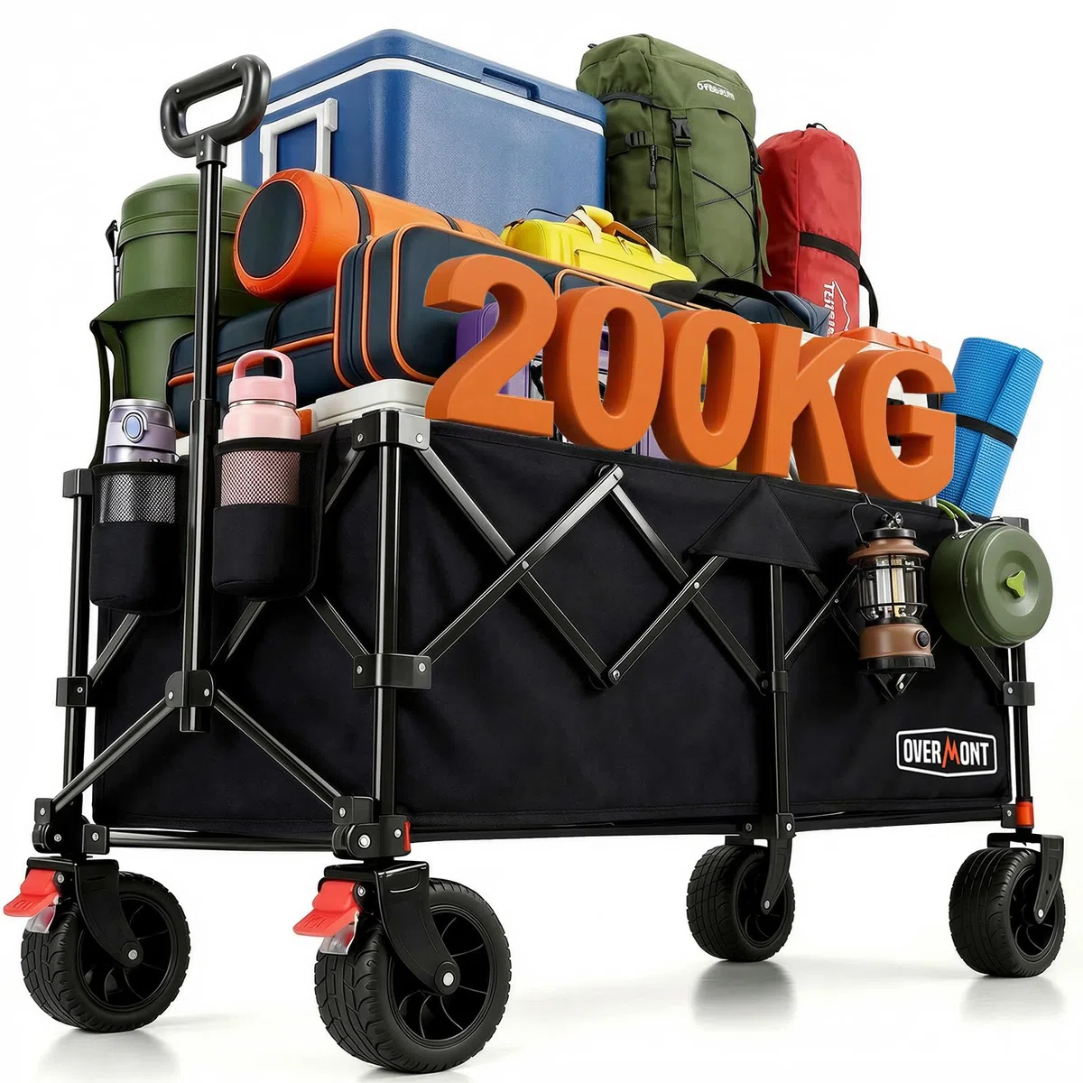 Overmont XXXL Bollerwagen Faltbar Extra Lang (118cm) - 270L 200KG Belastbar - Schwerlast Klappbarer Camping Wagen mit Großen All-Terrain Rädern - für Camping, Garten, Strand, Einkauf, Sport, Transport