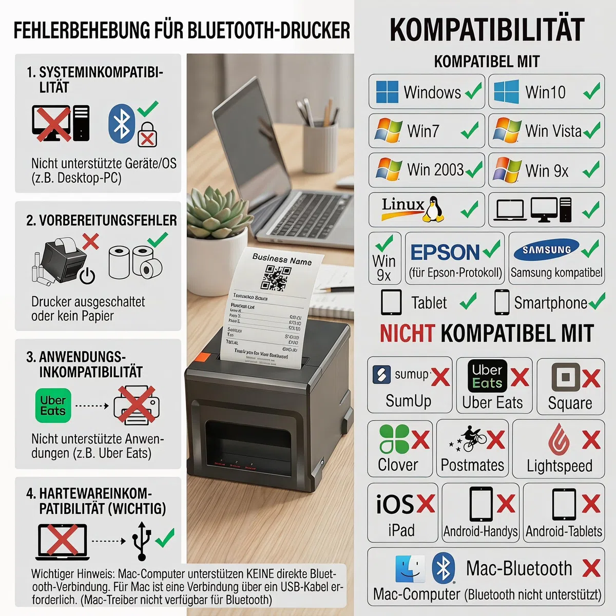 Thermodrucker 80mm Mobiler Einsatz, USB & Bluetooth, 300mm/s, Nur für Windows/Mac, Inkl. 5 Rollen + 58mm Adapter