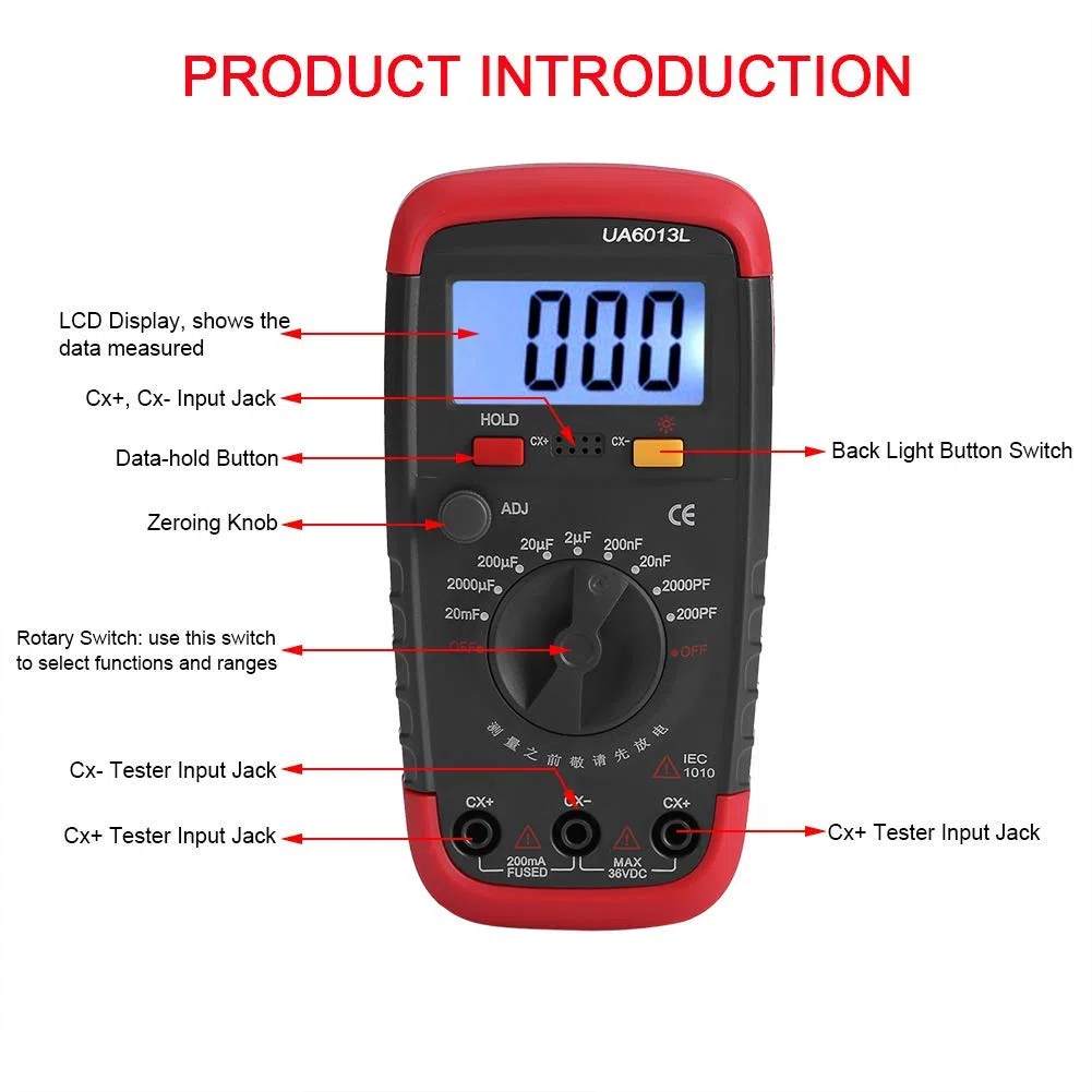 Digitales Kapazitätsmessgerät, Multimeter, Professioneller Kondensator Tester, 0.1pF - 20000uF mit LCD Hintergrundbeleuchtung und Sicherheitsmantel Max 1999 Display