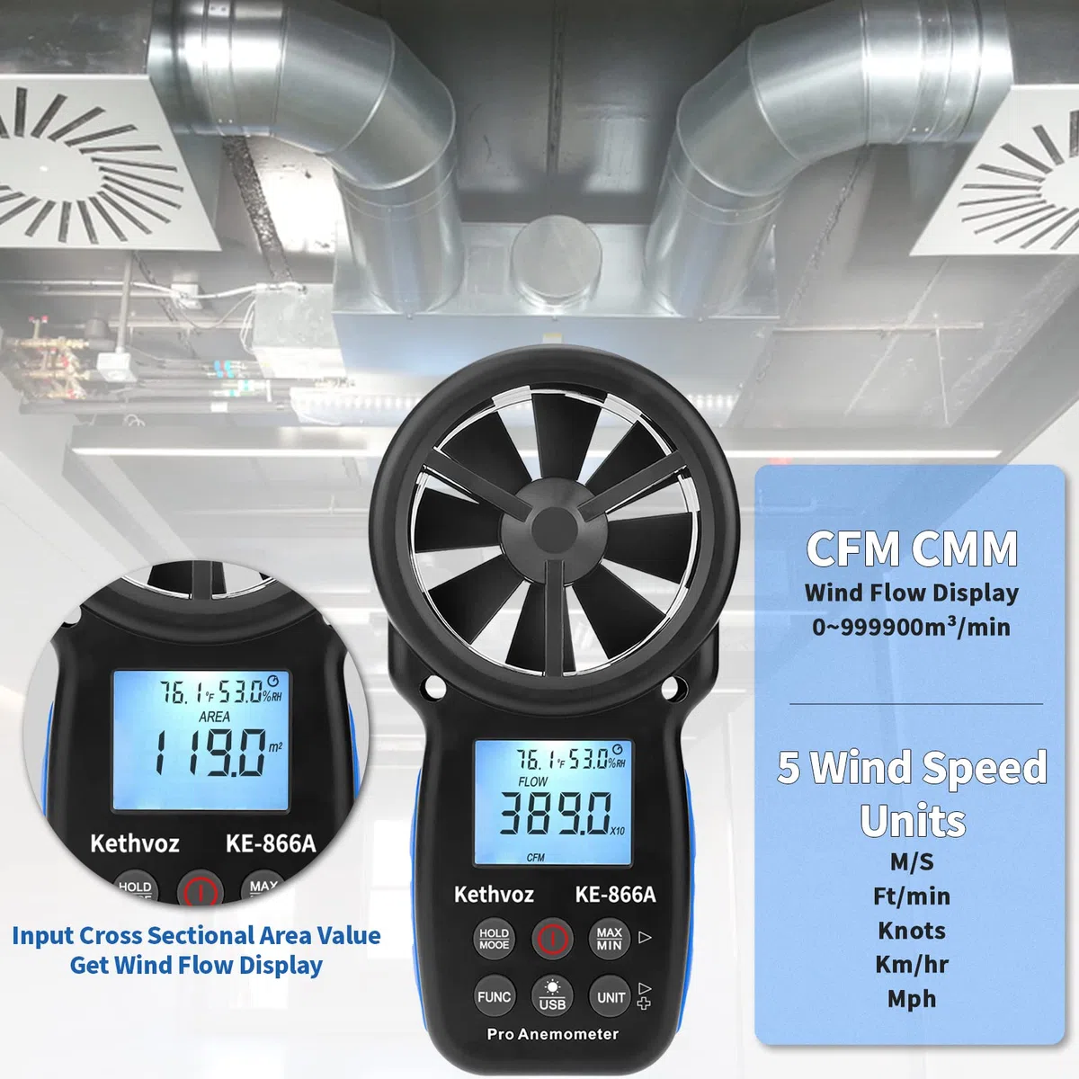 Windmesser HVAC Anemometer, Kethvoz Windmessgerät CFM Air Flow Tester Windgeschwindigkeitsmesser Messen Luftströmung Speed Wind Temperatur für Air Vent Dust Collection Drone Shooting KE-866A