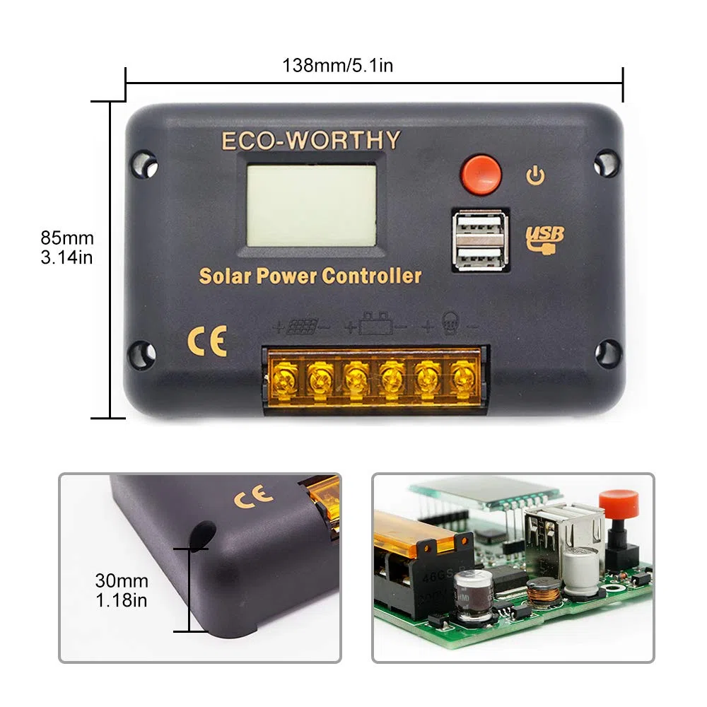 ECO-WORTHY 30A Laderegler Solar 12V/24V, Solar Laderegler Intelligenter Regler mit zwei USB-Anschlüssen Solarbatteriecontroller LCD-Display