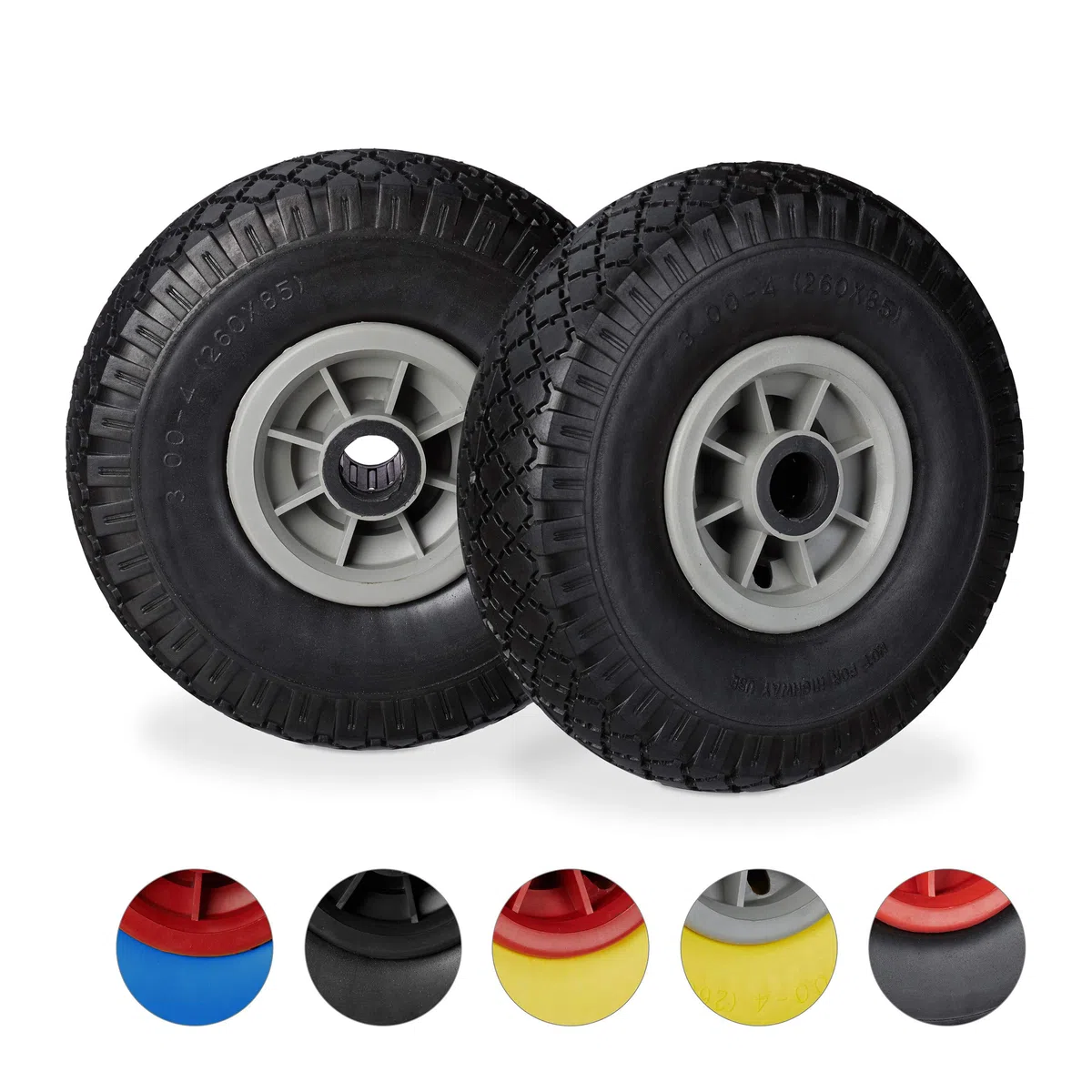 Relaxdays Sackkarrenrad 2er Set, pannensichere 3.00-4" Vollgummireifen, 25 mm Achse, bis 80 kg, 260x85 mm, schwarz-grau