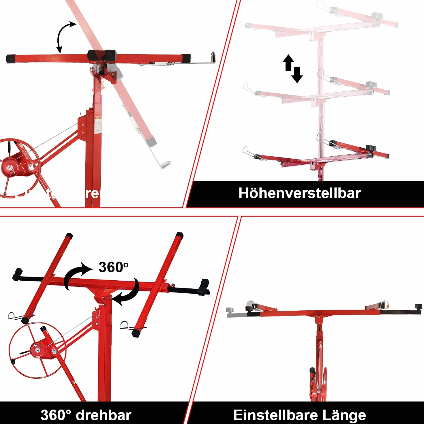 Herrselsam Plattenheber klappbar XXL 140 cm-350 cm Arbeitshöhe Höhenverstellbar 68kg Traglast max. 290 cm Lastarmbreite für Rigipsplatten