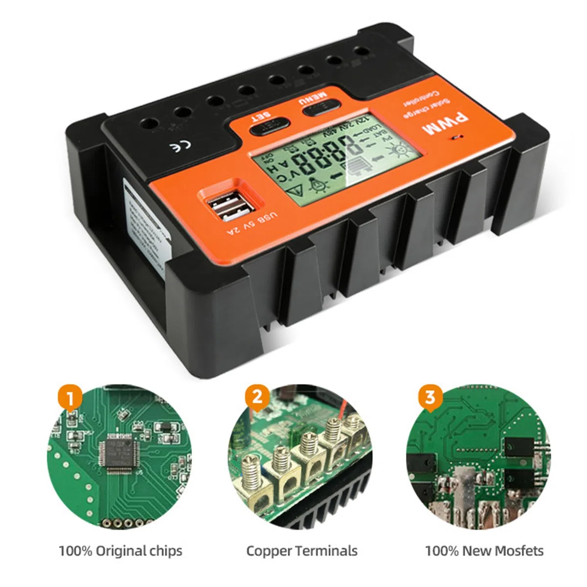 60A Solar Laderegler 12V 24V 48V Solarregler, PWM 60A Solarladeregler mit Temperatursensor 2USB Ports, für Max Solarpanels 12V(780W) 24V(1560W) 48V(3120W) Bleisäurebatterie Lithiumbatterie