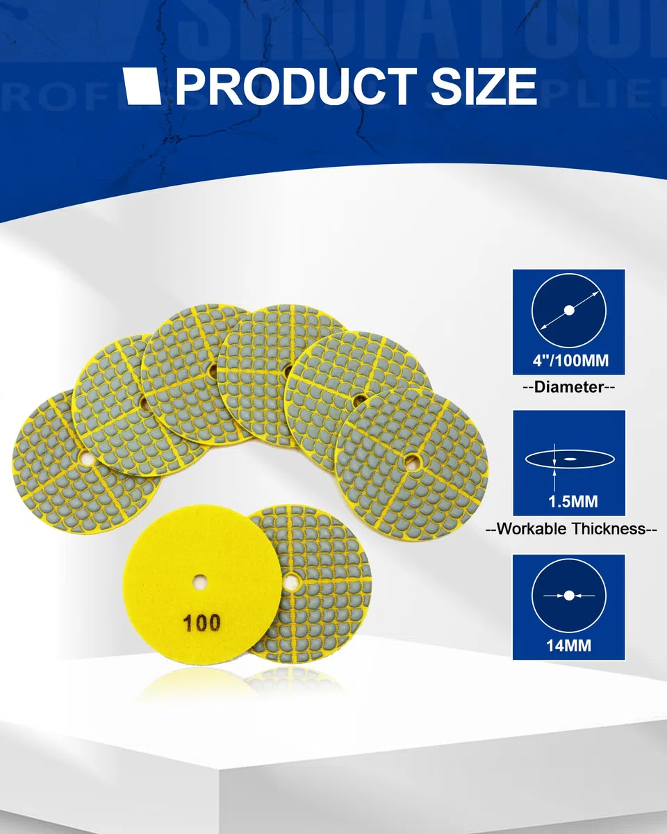 SHDIATOOL Diamant Schleifpads 100-8 Stücke Trocken Polierscheiben 100mm für Granit Marmor Quarz Kunststein Geeignet für Winkelschleifer