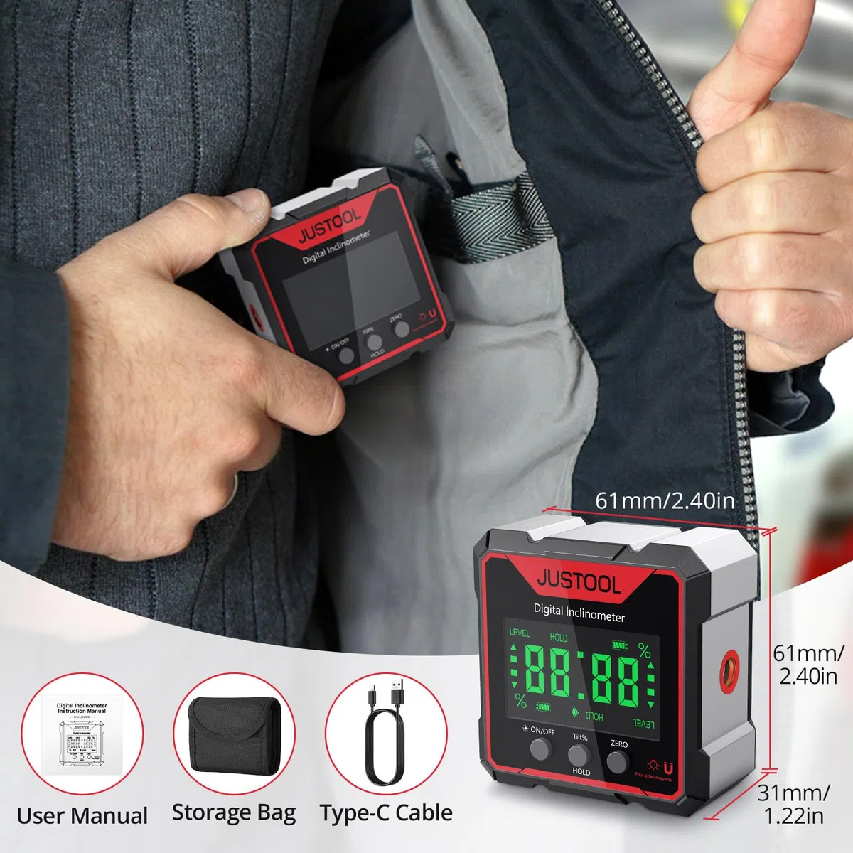JUSTOOL Digitaler LCD Winkelmesser Neigungsmesser Inklinometer Laser Winkelmessgerät Wasserwaage IP54 Wasserdicht Level Box 4-Seitiges Magnetisch Nivellierbox Bevel Box mit Type-C Ladekabel