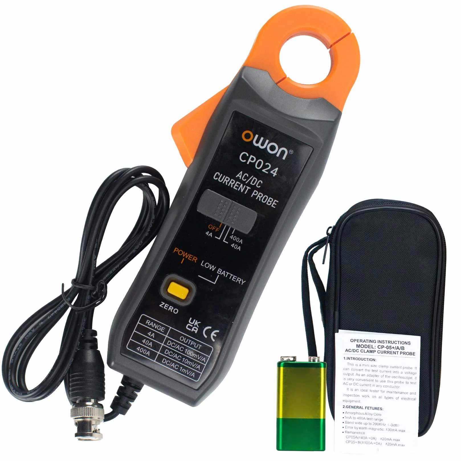 OWON CP024 Gleich- und Wechselstrom Stromtastkopf für Oszilloskop, Stromzangentastkopf 200 kHz Bandbreite 4 A, 40 A, 200 A, 300–400 A Testbereich, Stromtester-Zangenmessgerät mit BNC-Anschluss
