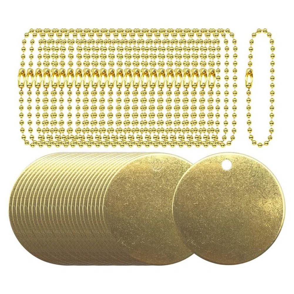 50 Stück Ventil-Etiketten aus Messing, 2,5 cm, Prägung, , mit Loch 2,4 mm, Kugelketten, geeignet für Rohrventile, Ausrüstung, Kennzeichnung von Werkzeugschlüsseln