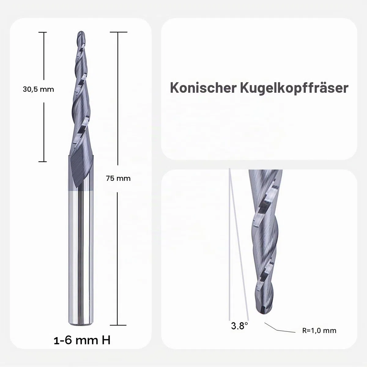 SpeTool Kugelkopffräser Konische Fräser CNC Schaftfräser 2 Flöten 1,0 mm Radius VHM Gravierfräser für Oberfräse 6mm Schaft mit TiAlN Beschichtung für 2D und 3D Gravur