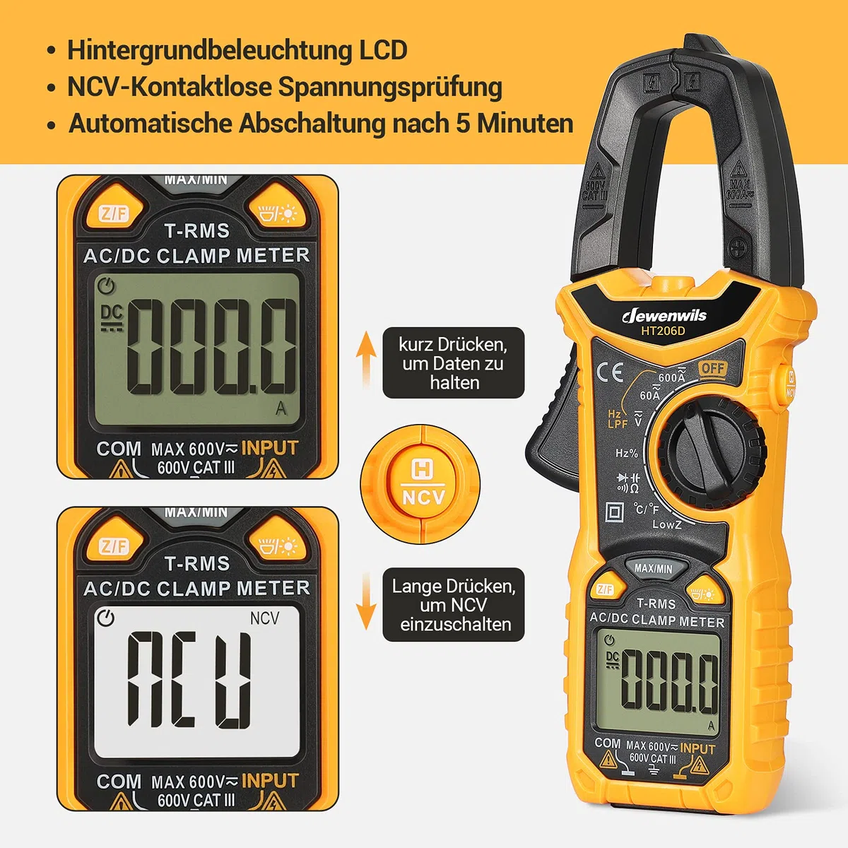 DEWENWILS Stromzange, 6000 Counts Strommesszange 600A AC/DC, Amperezange True RMS CAT III 600 V Auto-Ranging NCV, für AC/DC Spannung/Strom/Widerstand/Kapazitanz/Temperatur Messung