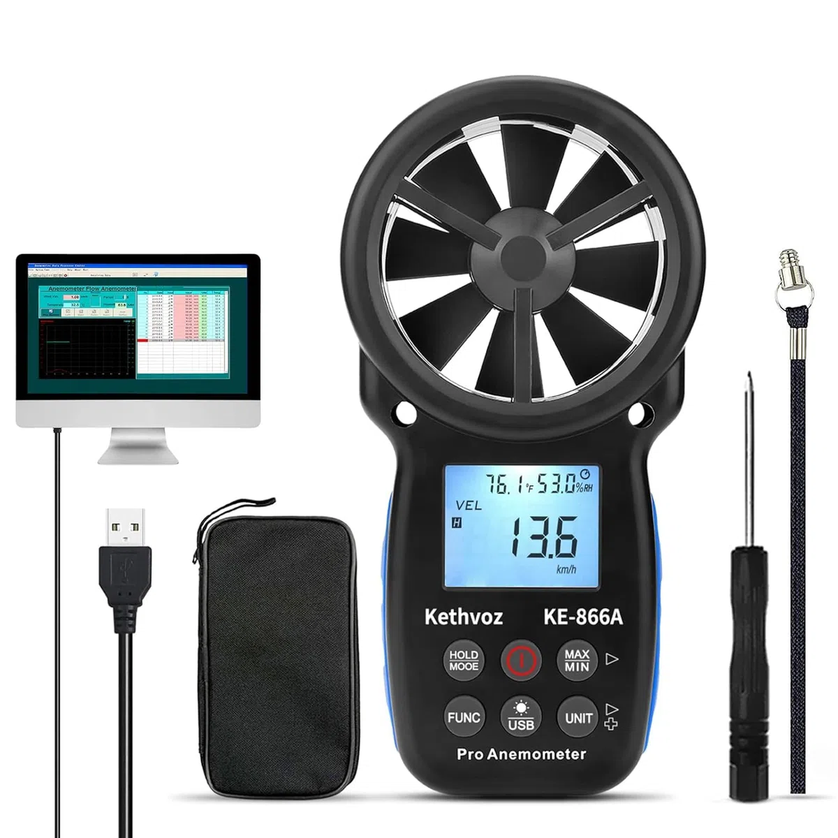 Windmesser HVAC Anemometer, Kethvoz Windmessgerät CFM Air Flow Tester Windgeschwindigkeitsmesser Messen Luftströmung Speed Wind Temperatur für Air Vent Dust Collection Drone Shooting KE-866A