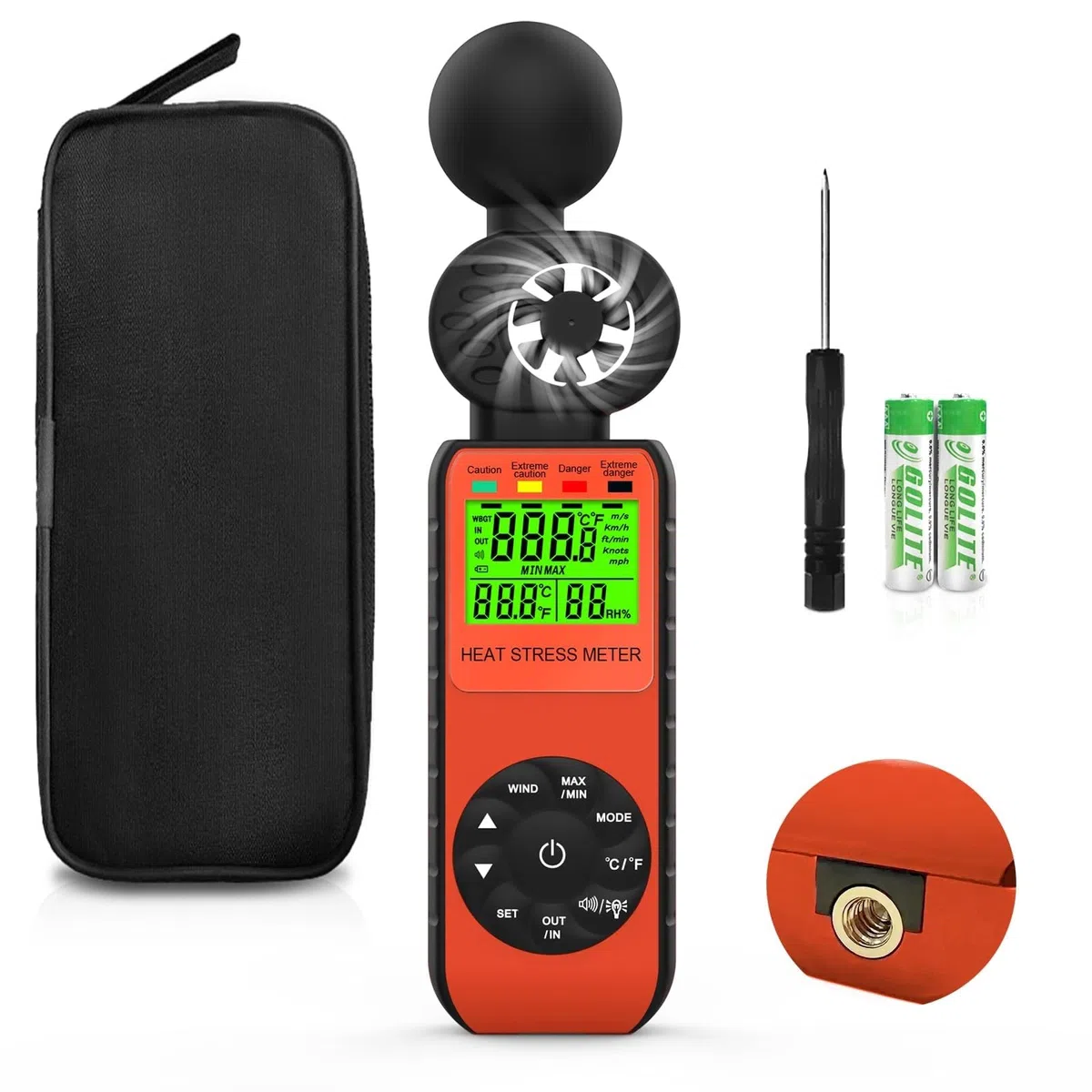 Windmesser Windmessgerät WBGT 881W Heat Stress Meter mit Feuchtkugeltemperatur, Gefahrenpegelanzeige, akustischem Alarm, Raumtemperatur/-feuchte
