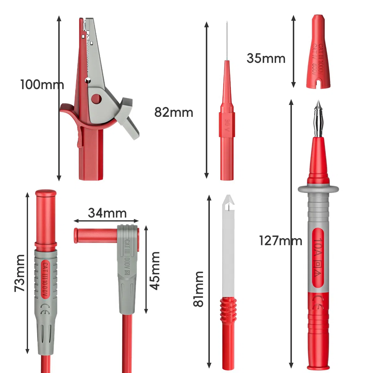 Multimeter Messleitungen Kit 10 Stück Testkabel Sonden 4mm Bananenstecker mit Krokodilklemmen Draht Piercing Sonden für elektrische Prüfung 1000V 10A