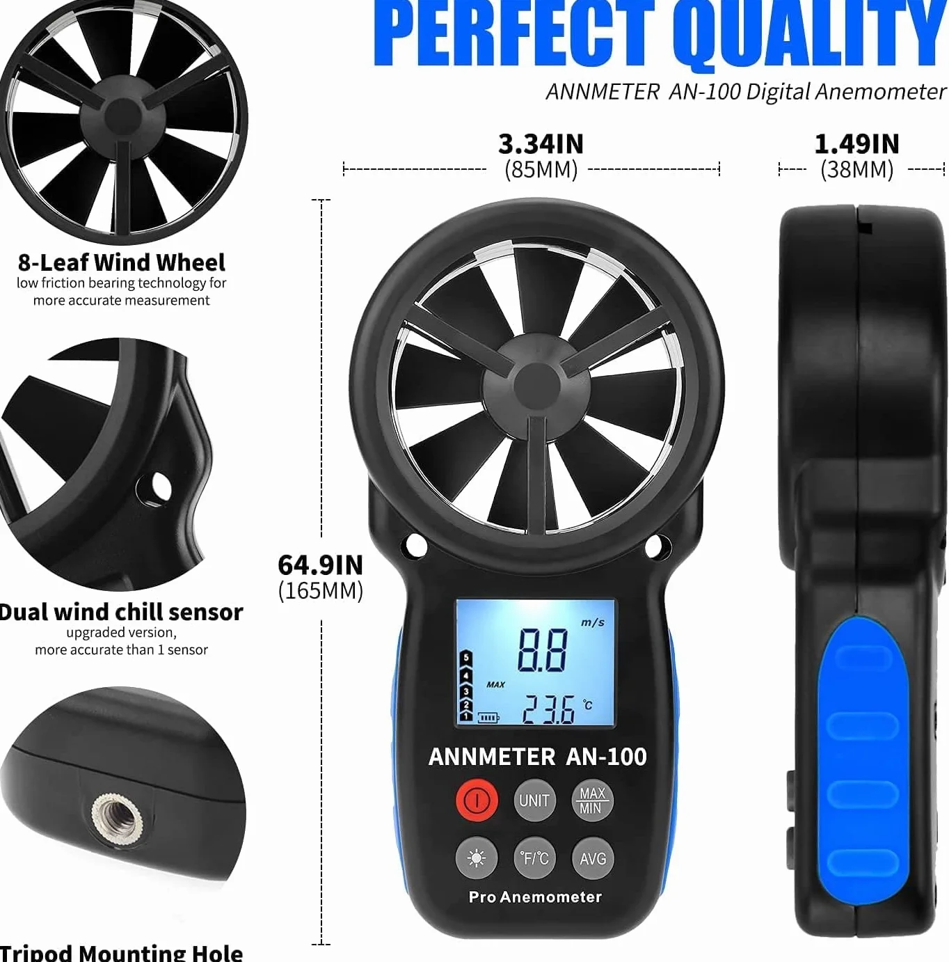 Digitalen Windmesser Anemometer, AIOMEST Windmessgerät Misst Windgeschwindigkeit 90km/h & Lufttemperatur ℃/℉, Tragbarer Wind Meter AI-100 für Segeln Windrad Windsurfen Belüftungsanlage