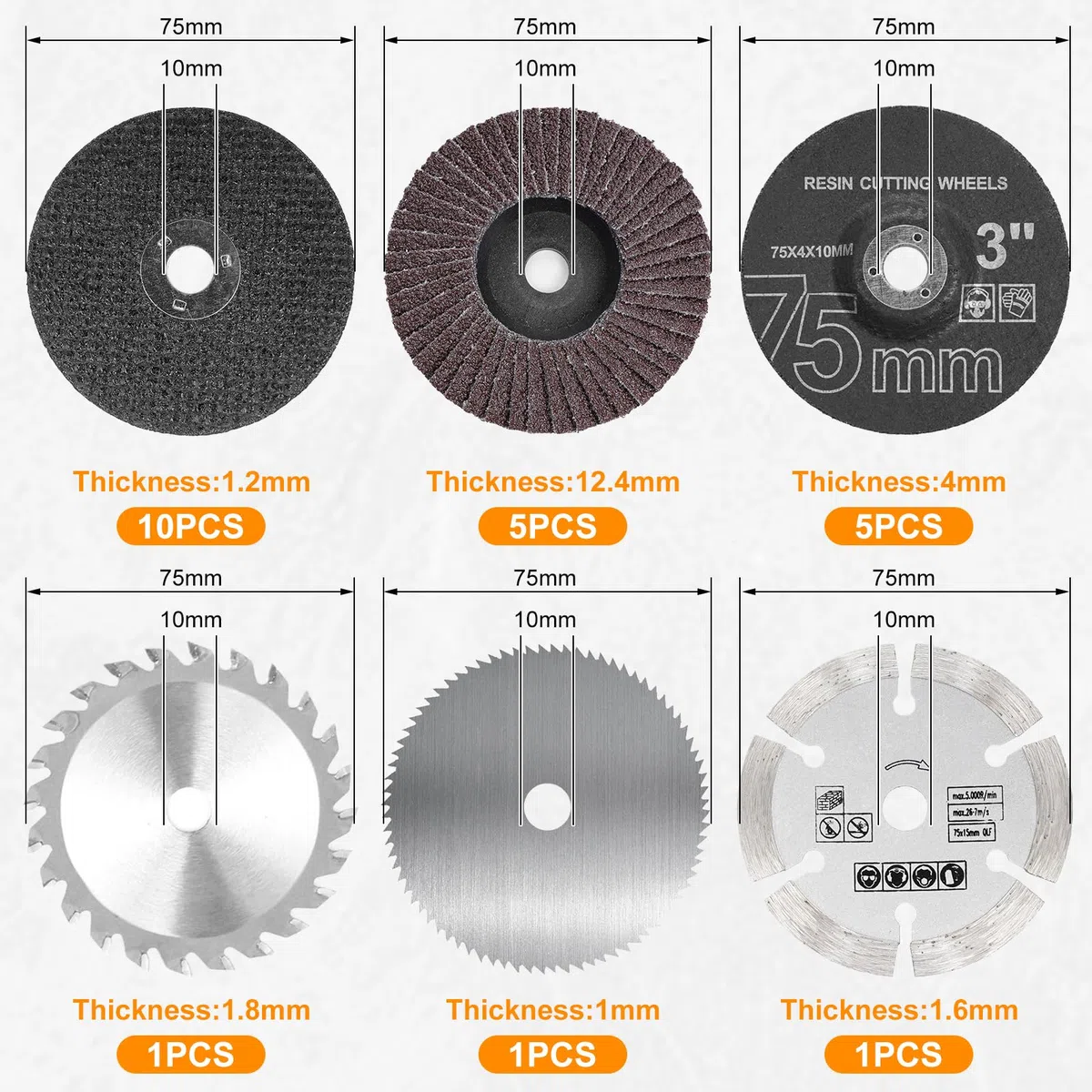 23 Stück Trennscheiben & Fächerscheiben Set 75mm, Winkelschleifer Zubehör mit HSS Kreissägeblättern, Hartmetall-Trennscheibe, Ø 10 mm Bohrung, Schleifen Schneiden Polieren Metall Holz Kunststoff