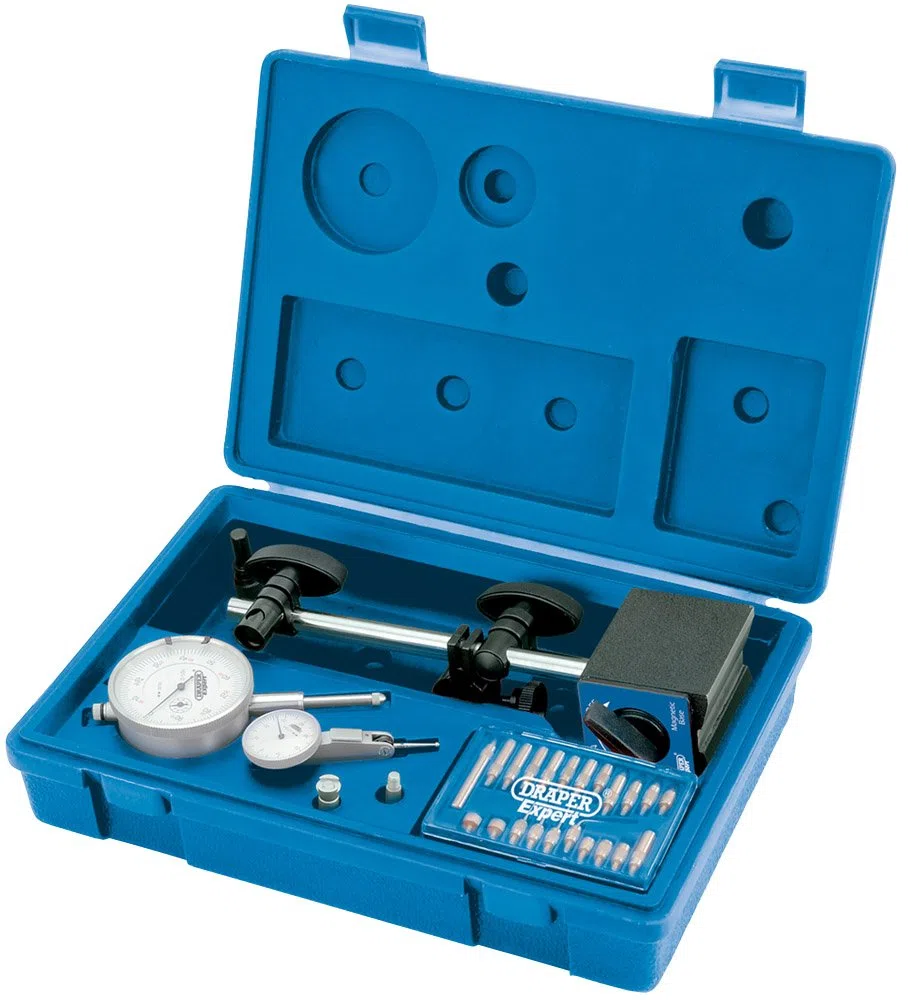 Draper Metrisches Messuhren -Set, 0,01 mm, technisches DTI -Messuhren-Set mit Messstift und Taster, magnetischem Ständer und Zubehör im Aufbewahrungskoffer