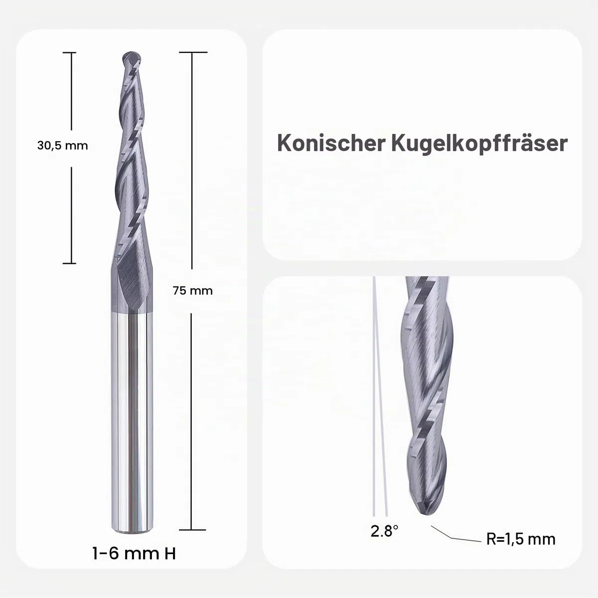SpeTool Kugelkopffräser Konische Fräser CNC 2 Flöten 1,5 mm Radius Gravierfräser 6mm Schaft mit TiAlN Beschichtung VHM Schaftfräser für Oberfräse 2D und 3D Gravur