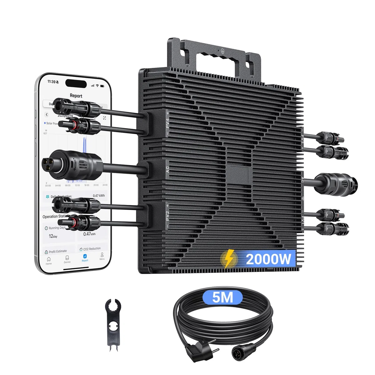 Mikrowechselrichter 2000W, Wechselrichter Balkonkraftwerk mit WLAN, Plug & Play, App Steuerung, 5M AC-Kabel, PV-Wechselrichter, MPPT Integrierter