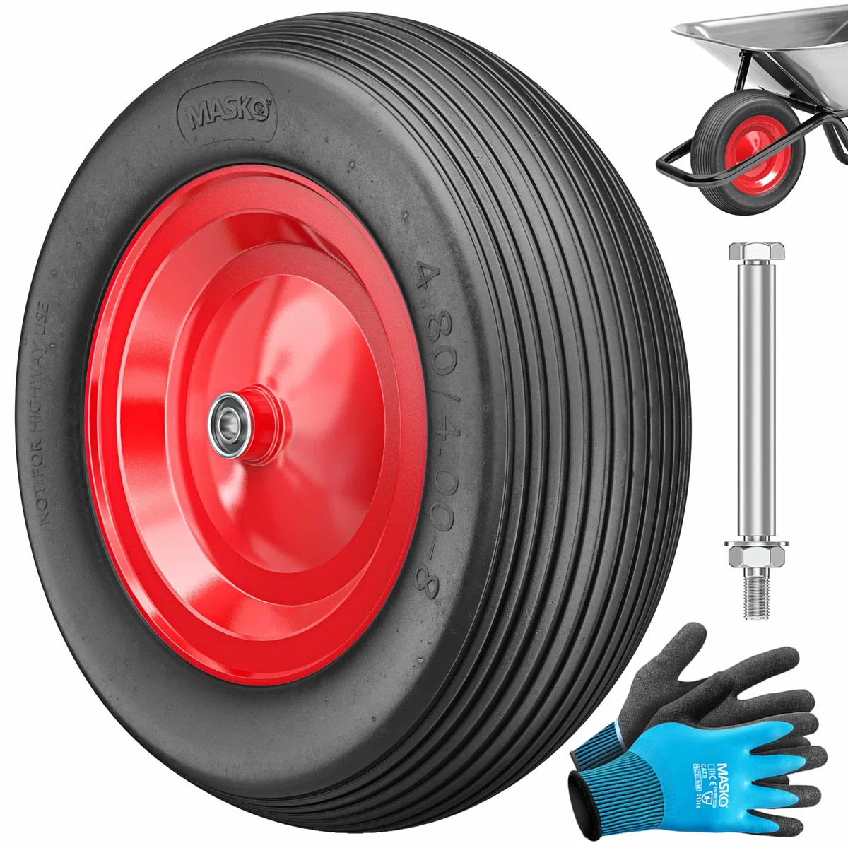 MASKO® PU Schubkarrenrad Vollgummi 200 kg 4.80/4.00-8 Ø 390mm Achse Ersatzrad Gummirad Stahlfelge Reifen pannensicher für Schubkarre Gartenkarren pannensicheres PU Rad inkl. Handschuhe, Schwarz/Rot