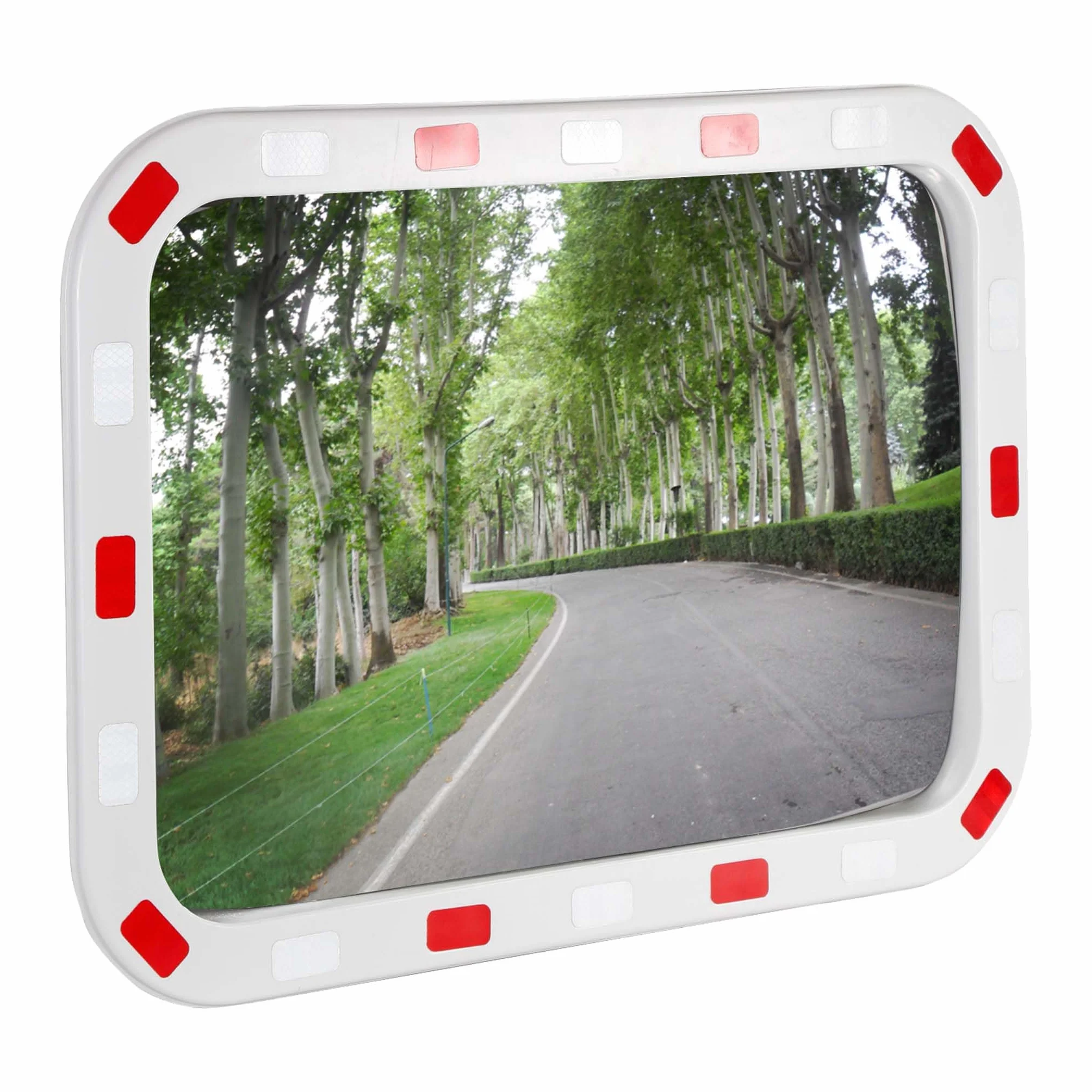 Wiltec Verkehrsspiegel 70 x 90 cm konvex, eckiger Sicherheitsspiegel mit rot-weißen Reflektorstreifen, bruchsicherer Konvexspiegel aus Kunststoff, Überwachungsspiegel für Ausfahrten