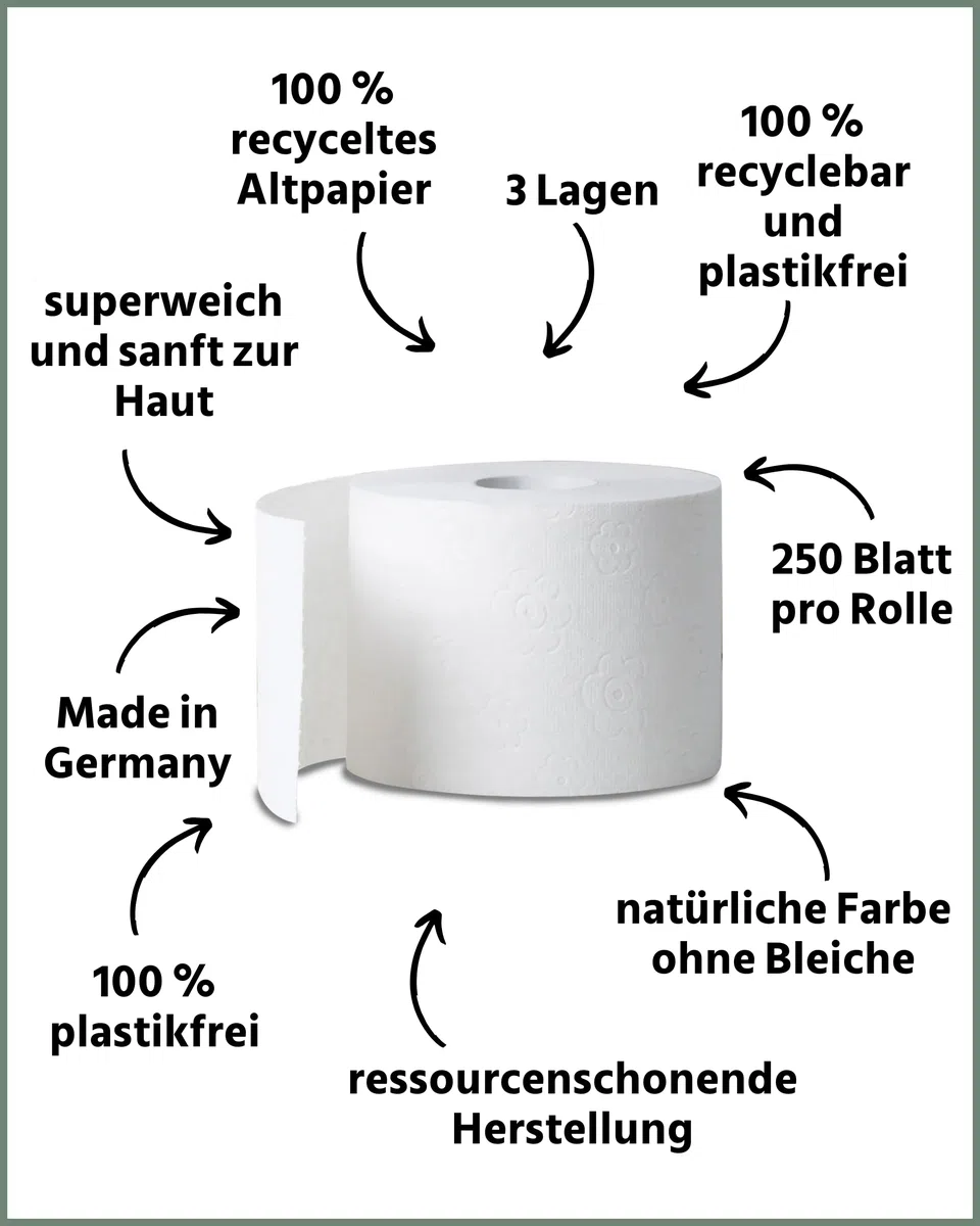 œcolife Toilettenpapier Box Recycling, 3-lagig, 27 Rollen, 250 Blatt pro Rolle, Recyclingpapier, plastikfrei verpackt, hellgraues Papier, angenehm weich und sanft | angenehm weich