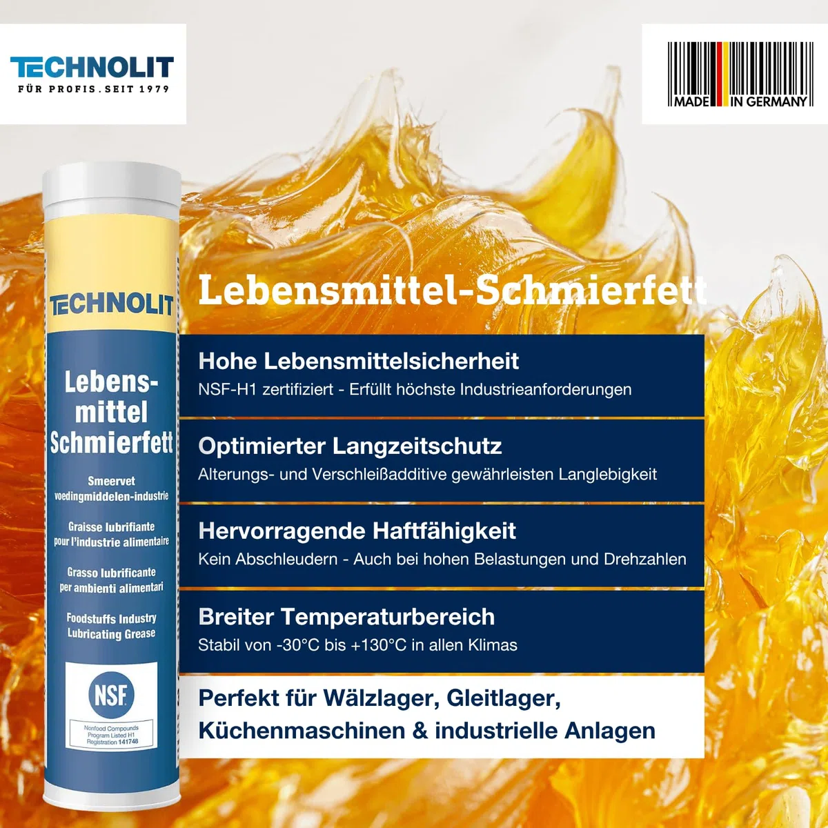 TECHNOLIT Lebensmittel-Schmierfett 390 g | Lebensmittelecht NSF-H1 | Getriebefett für Küchenmaschinen, Gleitlager, Wälzlager & Backofenschienen