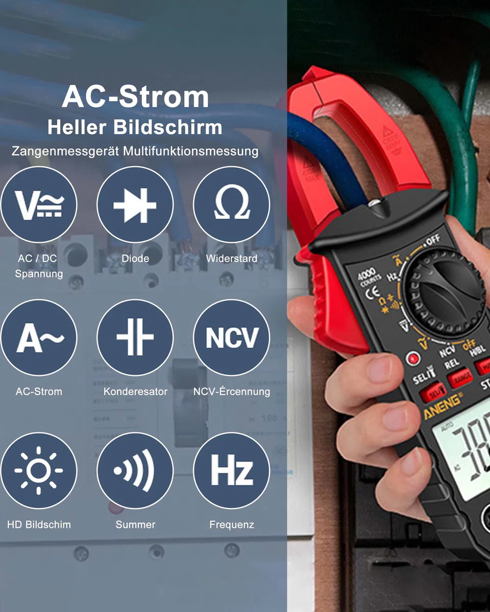 Digitales Stromzange AC DC Multimeter: True-RMS 4000 Counts Strommesszange Amperemeter mit Automatischer Bereichswahl zum Messen von AC/DC-Spannung Strom Widerstand Kapazität Durchgang NCV-Erkennung
